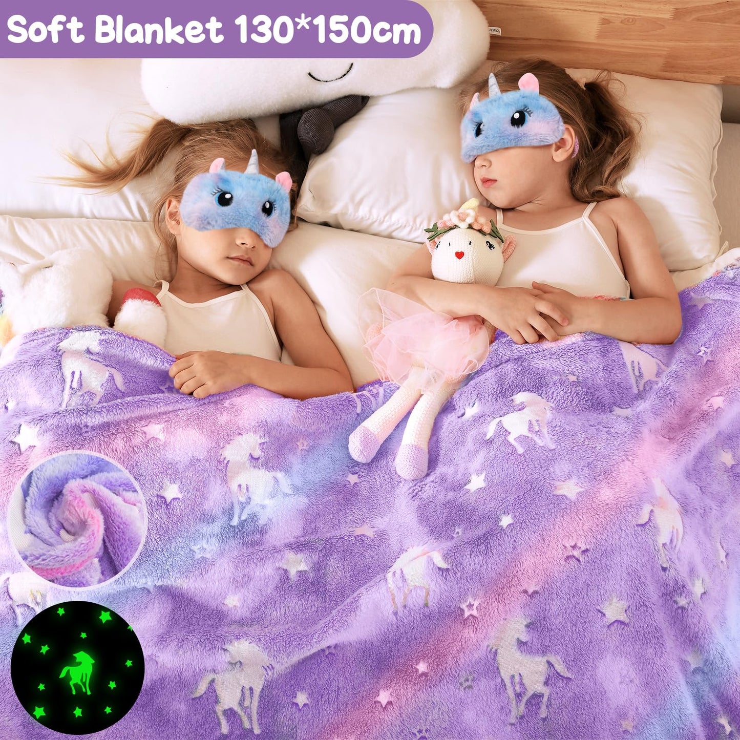 Taco bear unicorn gifts for girls aged 5-11 years old. Includes unicorn blanket, glow-in-the-dark pillowcase, stainless steel thermos, bath bombs, shoulder bag, eye mask. Perfect birthday gift for girls.