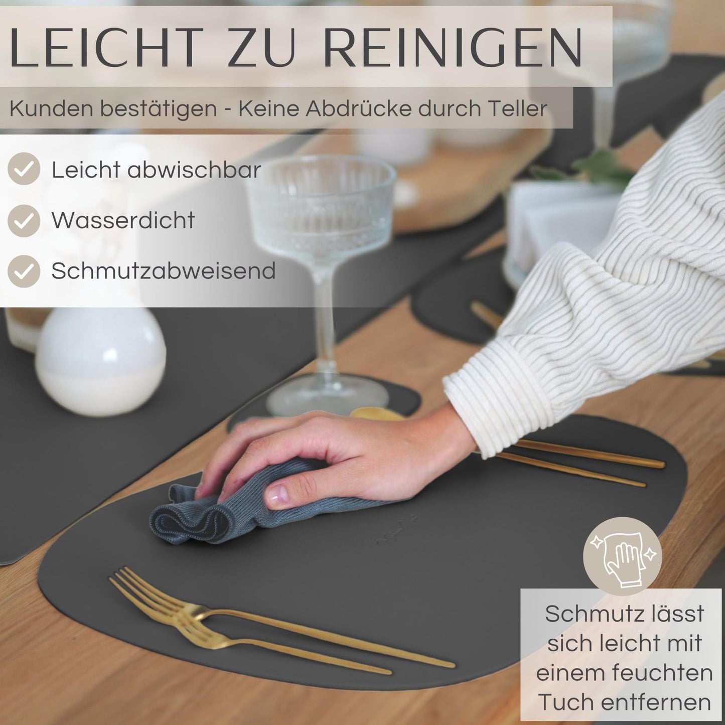 Mahewa® 6-piece set Premium faux leather placemat - Washable and waterproof placemat coaster in leather look (Dark grey, Oval)