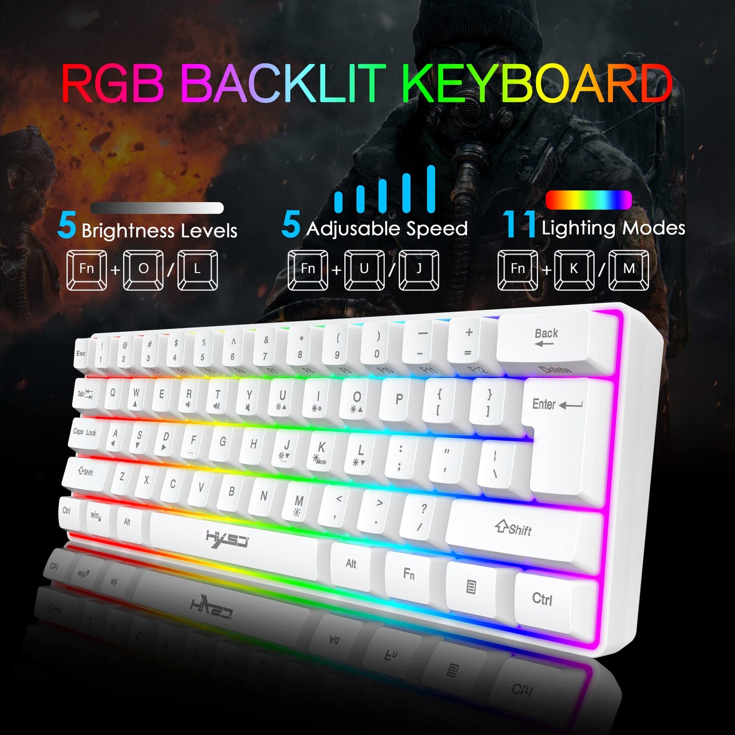 60% wired RGB gaming keyboard, 61-key mini keyboard with 11 RGB Chroma backlighting, floating ABS keycaps, full anti-ghosting keys, mechanical USB keyboard