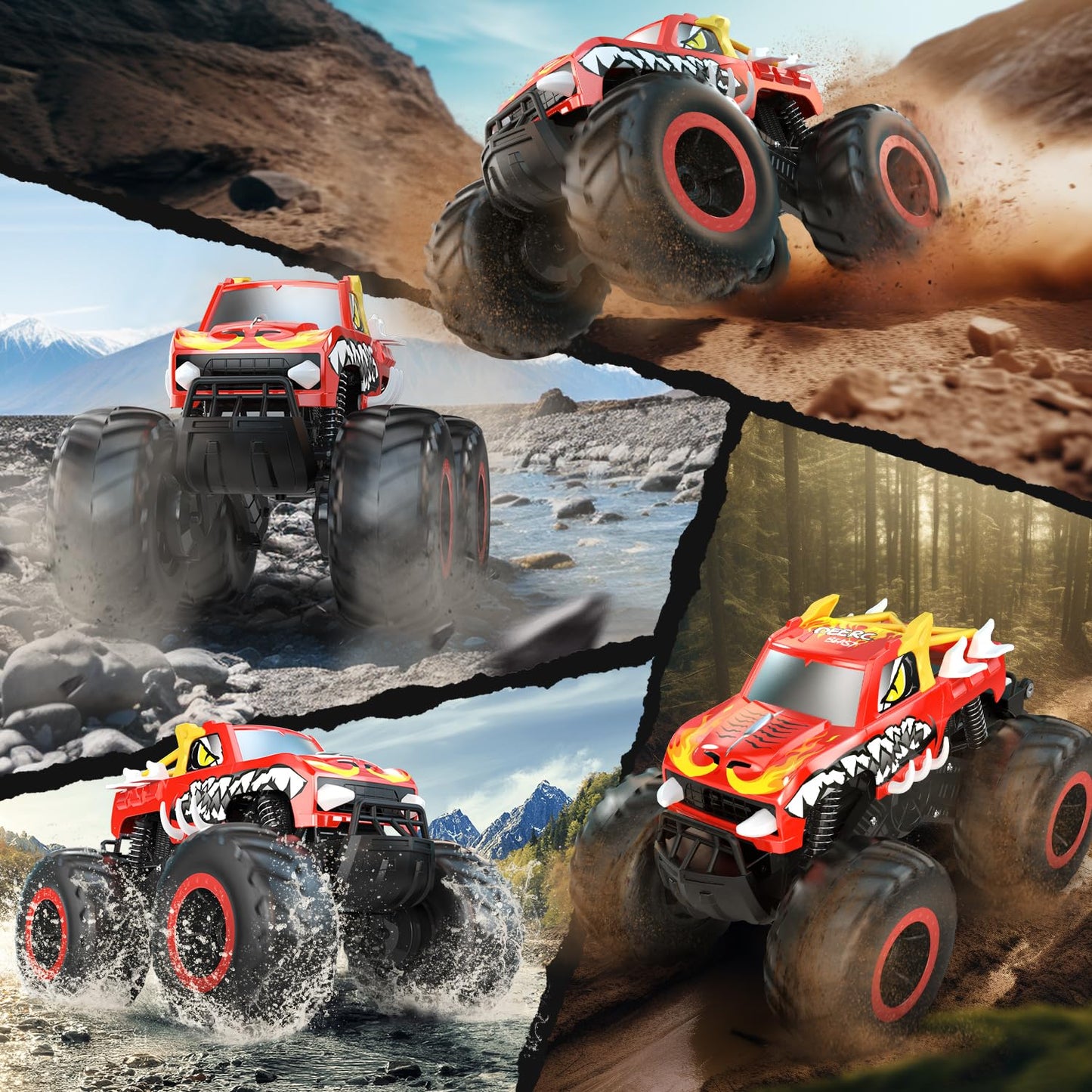 DEERC Amphibious Remote Control Car 1:16, 4WD Off-Road Monster Trucks in Fire Dragon Design with 2 batteries for land and water, 360 degree rotation, perfect gift for kids aged 6,7,8,9,10+ years.