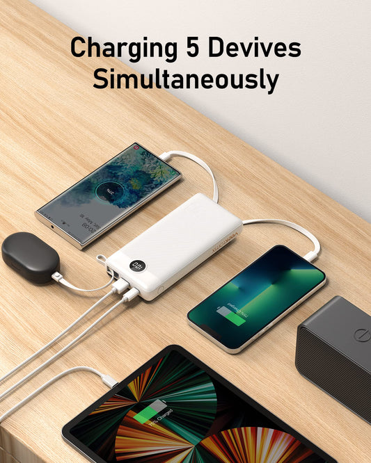 VEEKTOMX Powerbank 20000mAh Power Bank with built-in cables USB C External Portable Phone Chargers with 5 Outputs & 2 Inputs Travel Gadgets Battery Pack Compatible with iPhone, Samsung, Huawei, Xiaomi, iPad