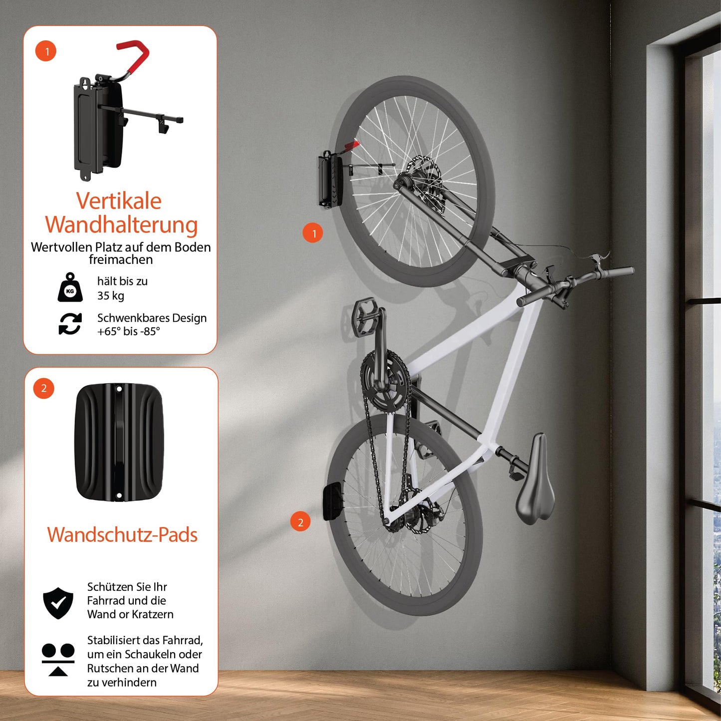 Swiveling vertical bike wall mount with 35 kg load capacity - bike wall mount for e-bike, MTB, and road bike - bike rack with extra soft hooks - bike storage wall mount (1 piece)