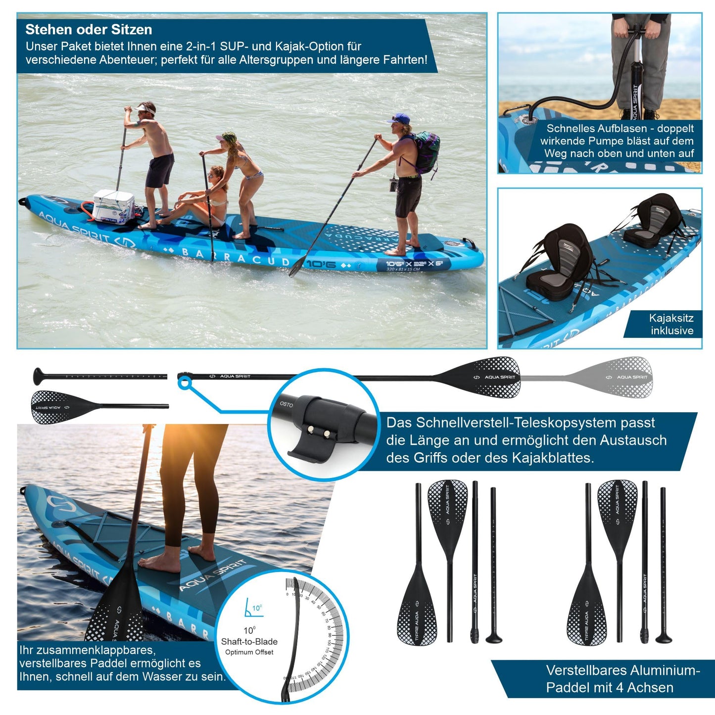 Aqua Spirit Inflatable Stand Up Paddle Board SUP Barracuda Kayak Package | 457 x 91 x 15cm | Adult Beginner/Expert | 150kg Limit | Seat, Paddle & Kayak Blade, Pump, Go Pro Mount, Bag