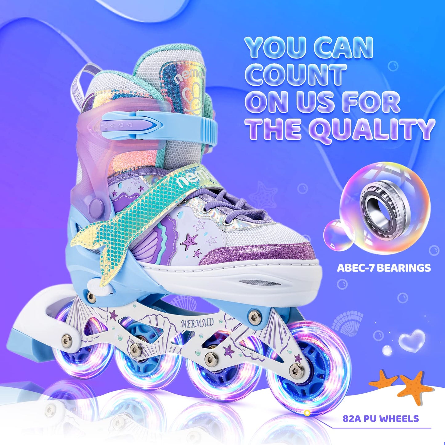 NEMONE inline skates for girls, adjustable in 4 sizes, blue purple inline skates for kids indoor outdoor girls children