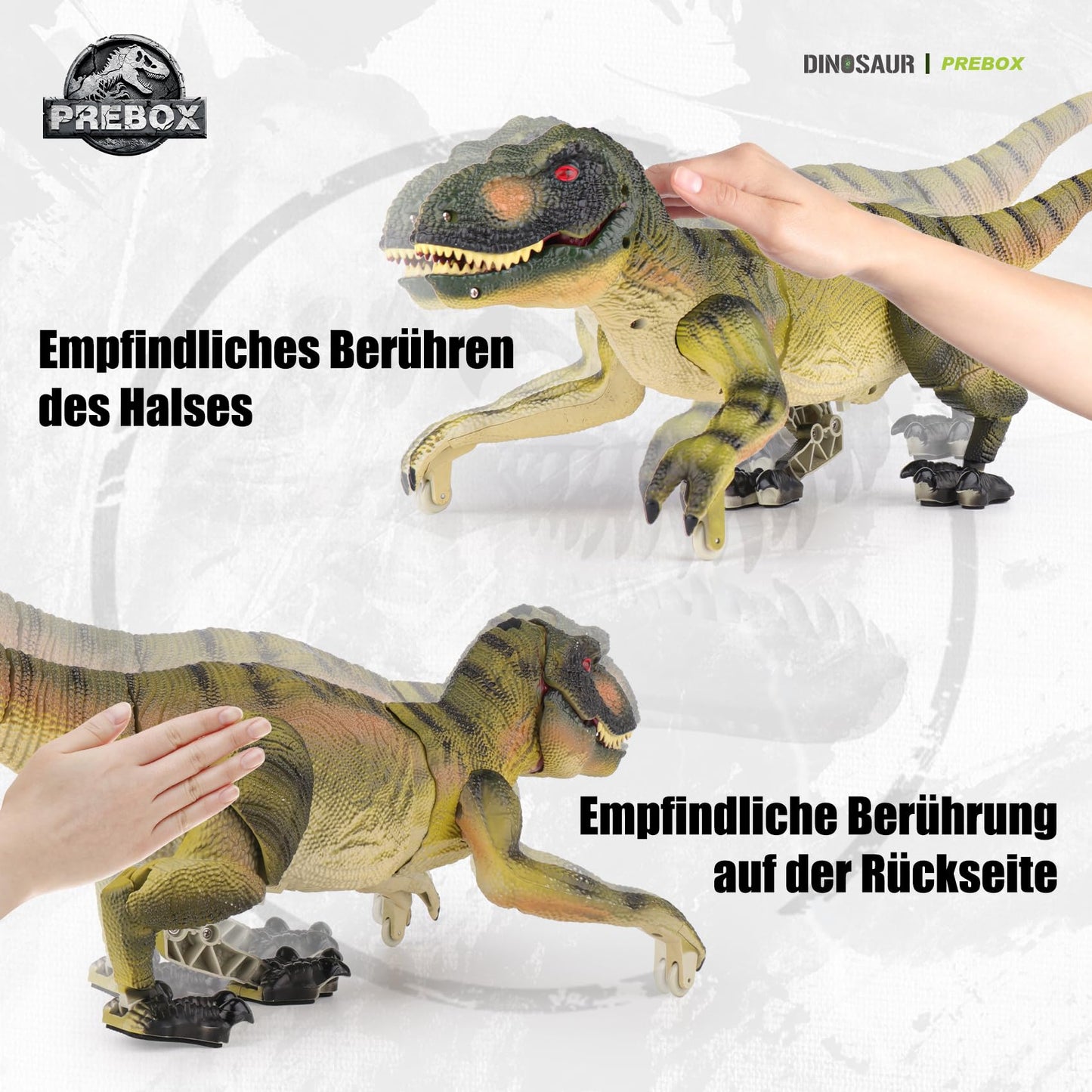 PREBOX Remote Control Dinosaur Toy for Boys, RC Dino Robot with Roaring, Spraying Function, Head and Tail Movements, Realistic Walking Movements, Gift for Kids 3-12 Years
