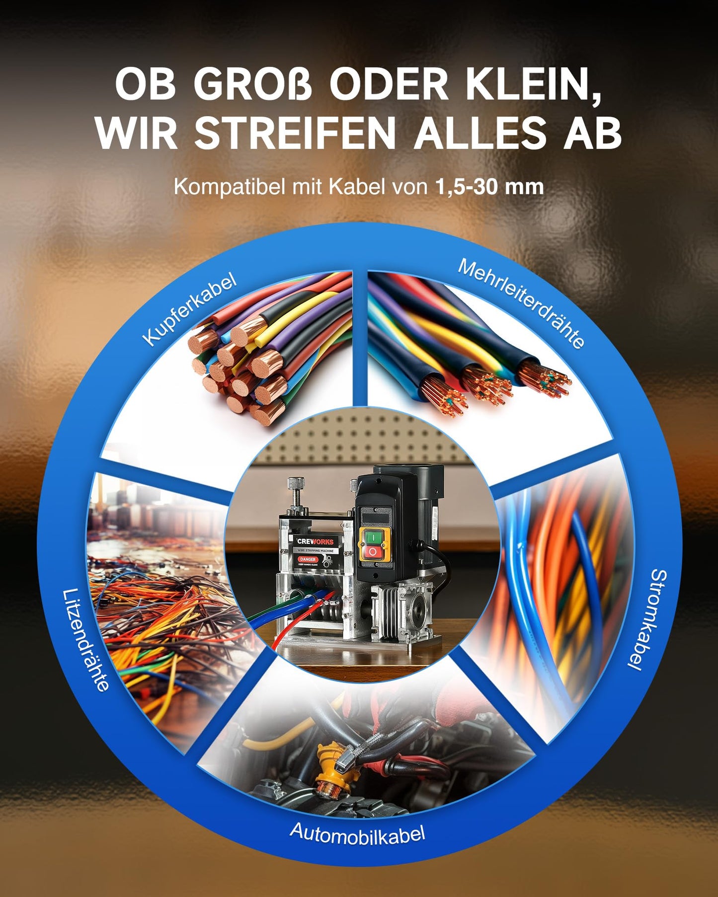 CREWORKS Electric Cable Stripping Machine 180W for 1.5-30mm copper wires, Automatic Cable Stripper Wire Stripping Tool for 0.06-1.2 inch copper wire recycling, 5-channel cable peeling machine.