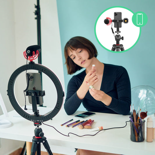 JOBY Creator Studio Complete Kit, full-size tripod with smartphone clamp, 12' ring light, Wavo On-Camera Shotgun Microphone, White Seamless Paper Background, and 3-in-1 quick charge cable 1.2m.