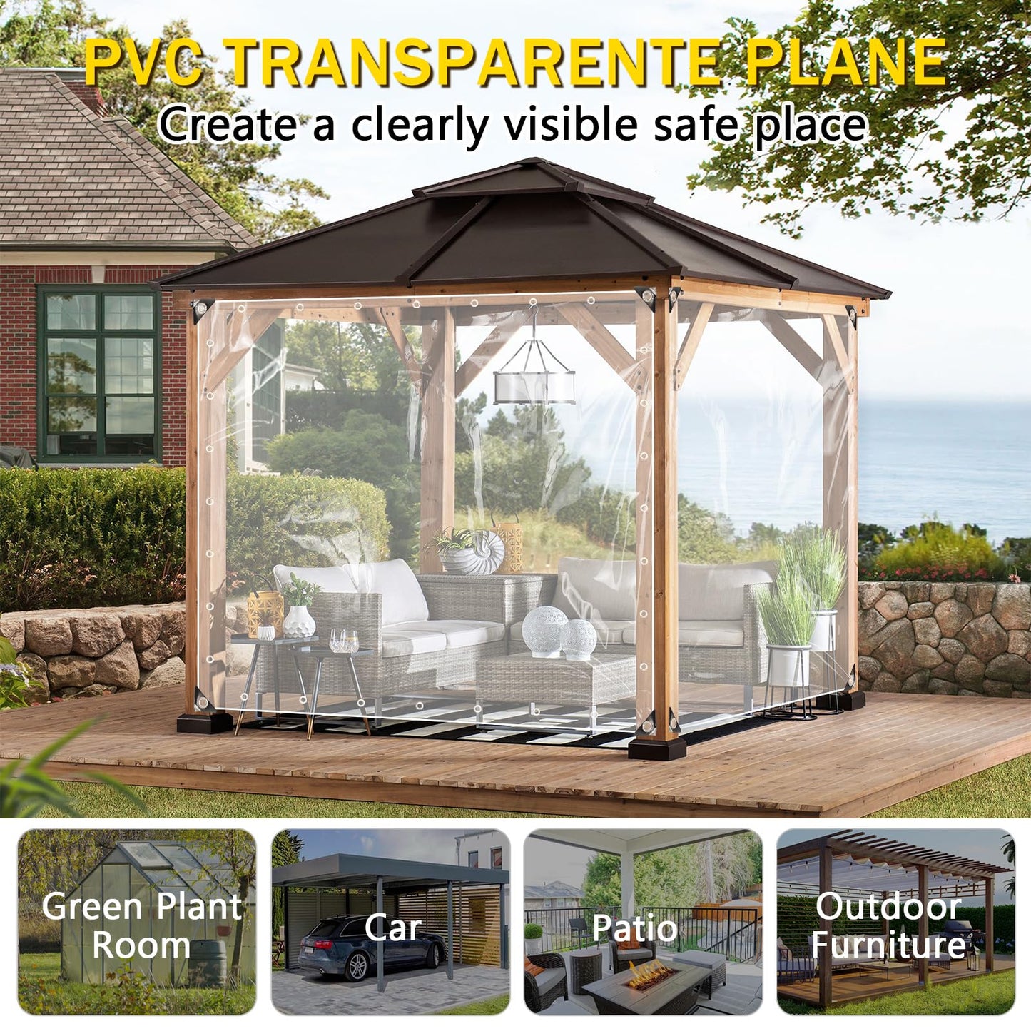 Transparent tarpaulin with eyelets 420g/m² 3x3m, tarpaulin tent tarpaulin waterproof with rope and cable ties, PVC material weatherproof tarpaulin for rain protection for plants greenhouse patio furniture.