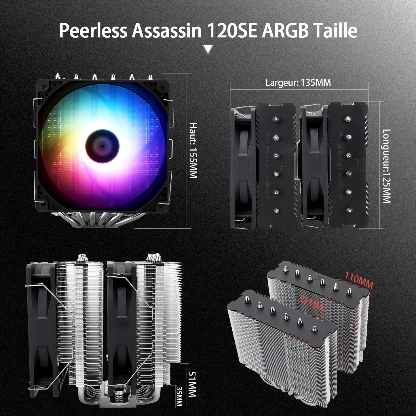 Thermalright Peerless Assassin 120 SE ARGB CPU Air Cooler, 6 Heatpipes CPU Cooler, Dual 120mm TL-C12C-S PWM Fans, Aluminum heatsink cover, for AM4/AM5/Intel LGA1851/1700/1150/1151/1200.