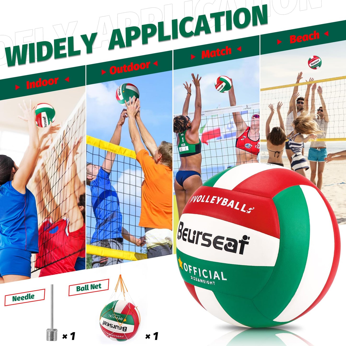 Beurseaf Volleyball, Soft Touch Beach Volleyball, Sports Volleyball, official size 5 Indoor & Outdoor Volleyball (Green & Red)