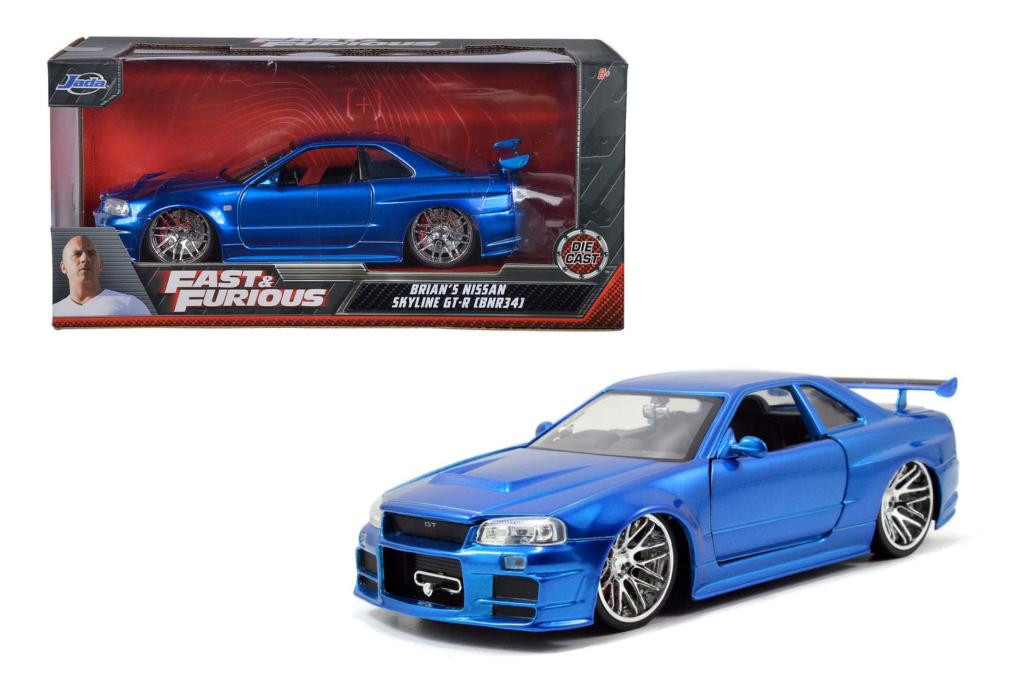 Jada Toys Fast & Furious Brian's 2002 Nissan Skyline GTR-R R34, car, die-cast toy car, opening doors, trunk & hood, 1:24 scale, blue.
