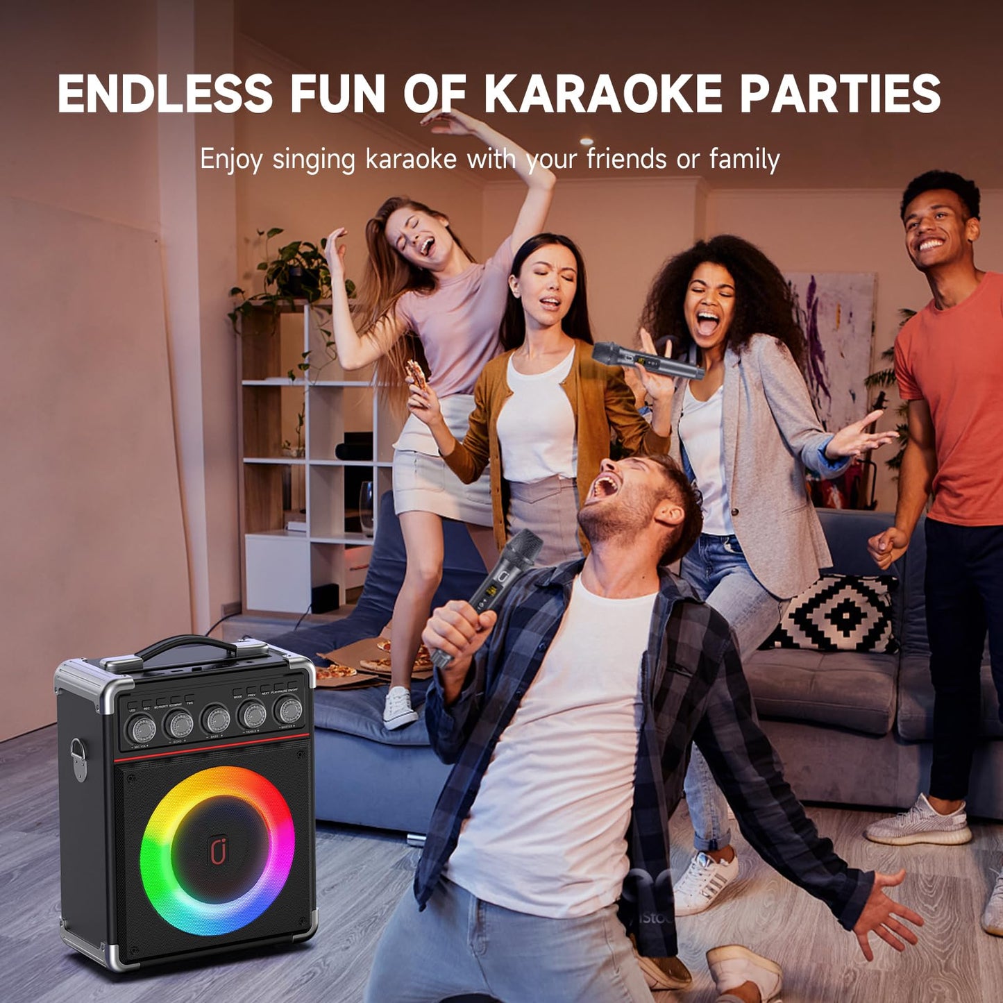 JYX Karaoke Machine with 2 wireless microphones, Portable karaoke system speaker with RGB light for house party. Supports TWS.