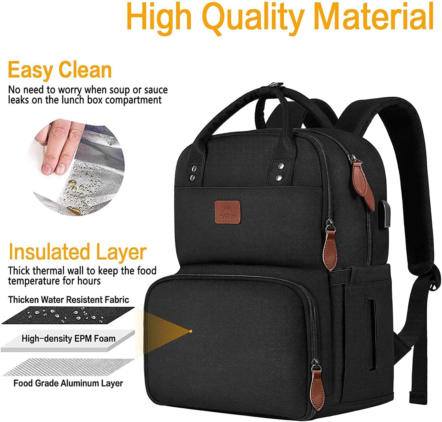 MATEIN Laptop Lunch Backpack, Picnic Backpack with Insulated Cooler Compartment, 17 Inch Ice Pack for Men and Women with USB Port, Lunch Bag for Camping Travel Business Work, Black