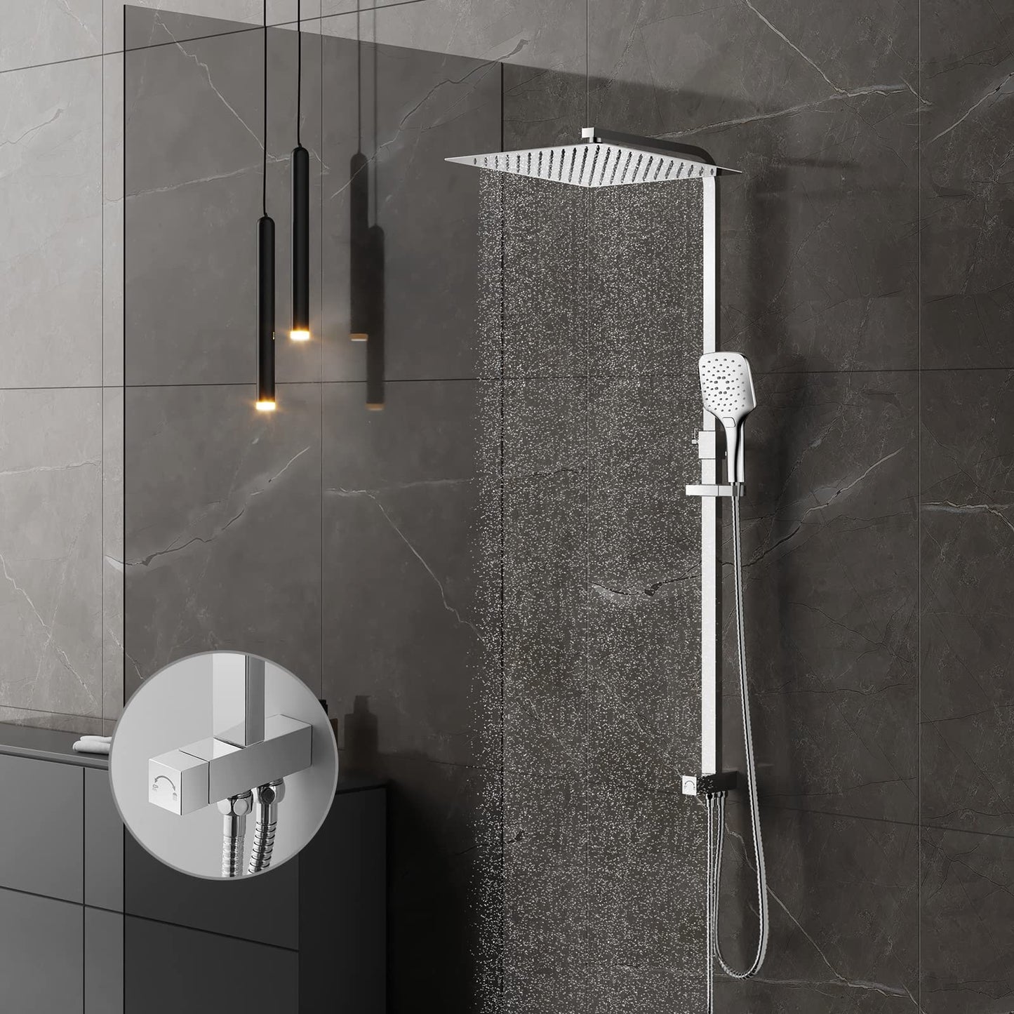 KOMIRO shower system without faucet, rain shower without faucet, shower set with 30x30cm shower head, hand shower with 3 spray modes, stainless steel height-adjustable shower bar, square.