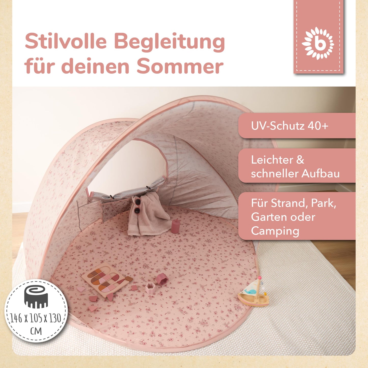 Bieco Ella Pop-up Beach Shelter Dreamy Flowers | UV 40+ protection | Pop-up beach shelter baby beach accessory sun protection beach tent travel sun protection beach tent