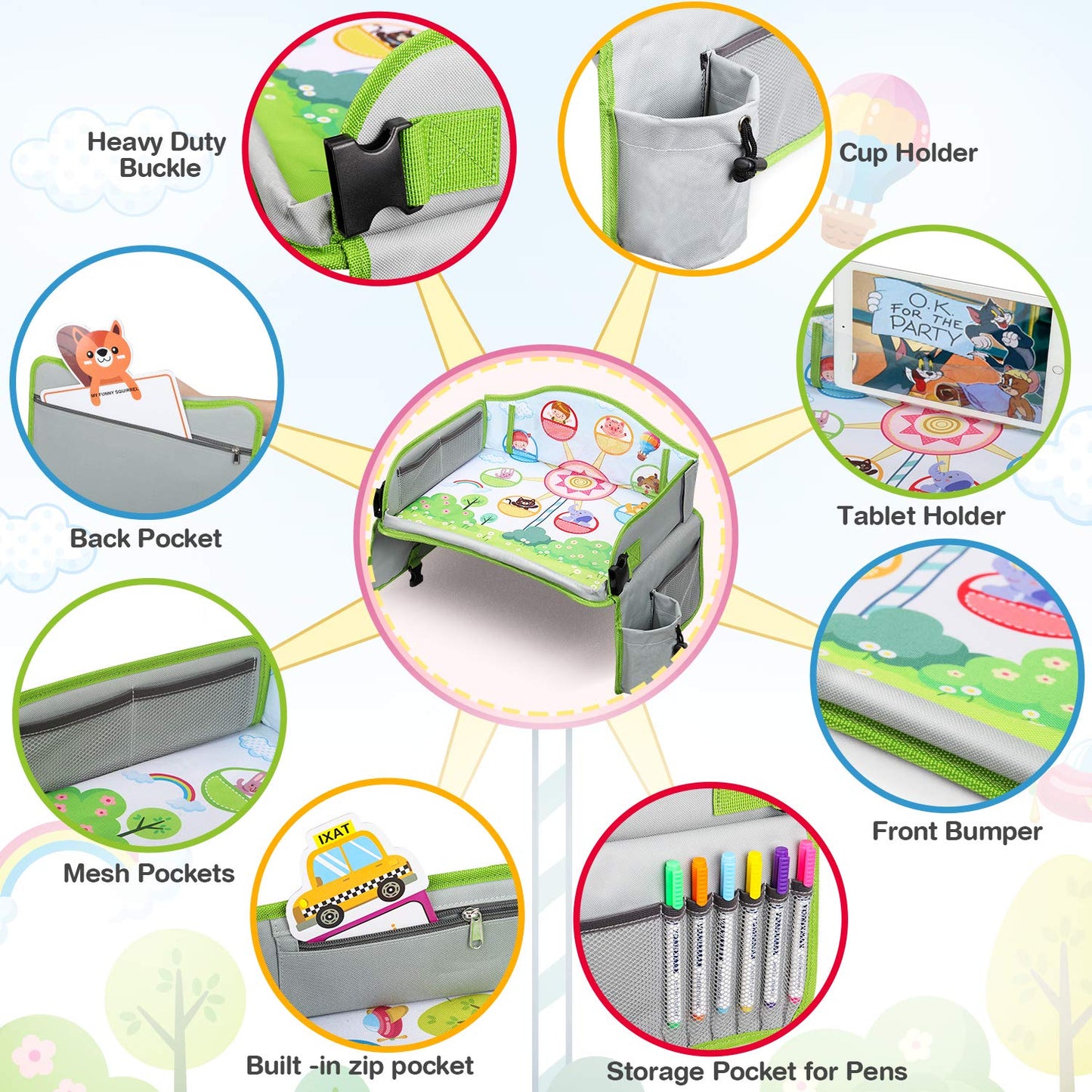 Lenbest Children's Travel Table - Ferris Wheel Background Knee Table Travel Table and Foldable Adjustable Dining Table Play Table - with bonus of 1 Reusable Drawing Surface and 1 Erasable Pen