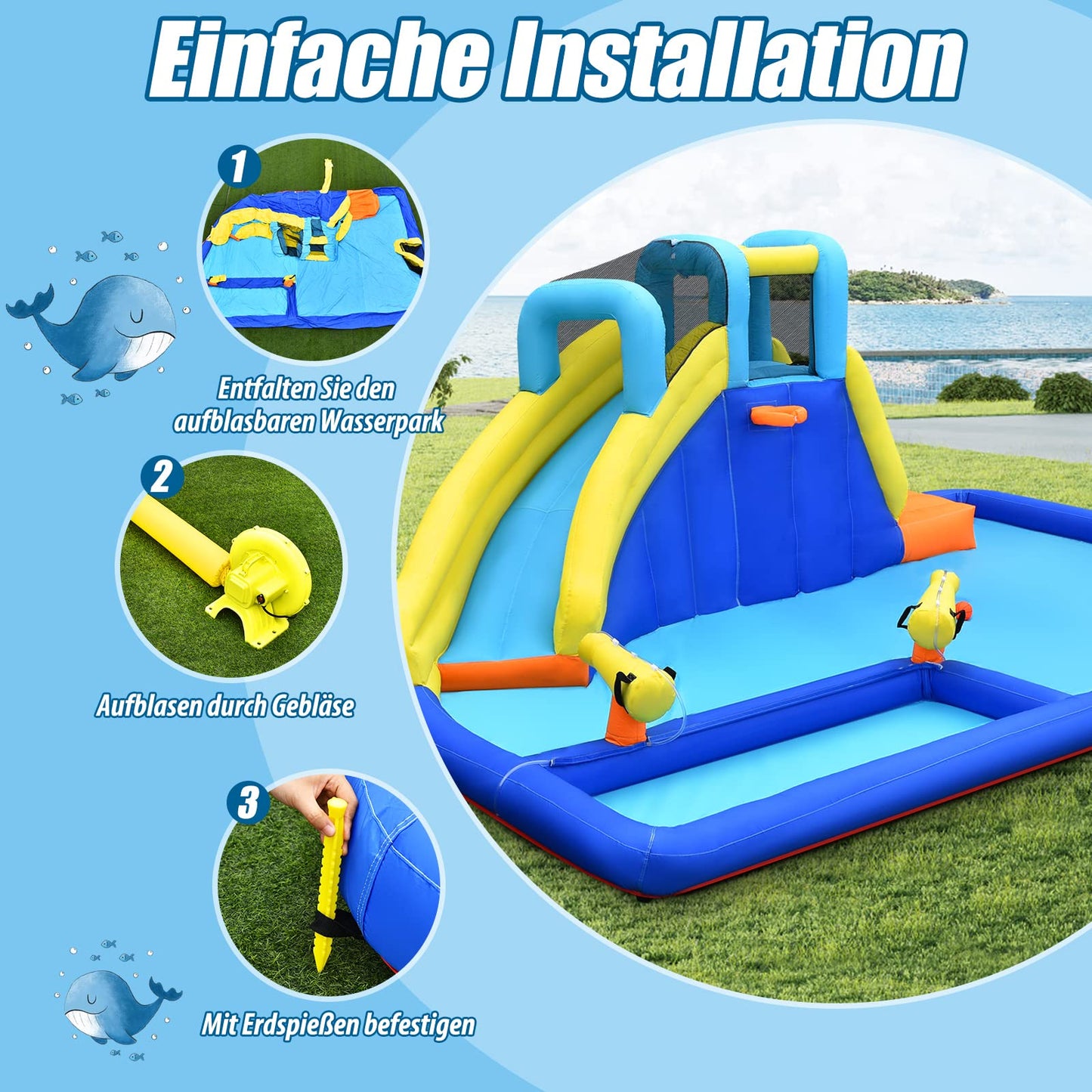 GOPLUS Inflatable Bounce House, Water Park with Slide & Climbing Wall & Water Gun & Soccer Goal, Kiddie Pool for Children 3-12 Years, Includes Carrying Bag, Repair Kit, 526x373x203cm (Excluding Blower)