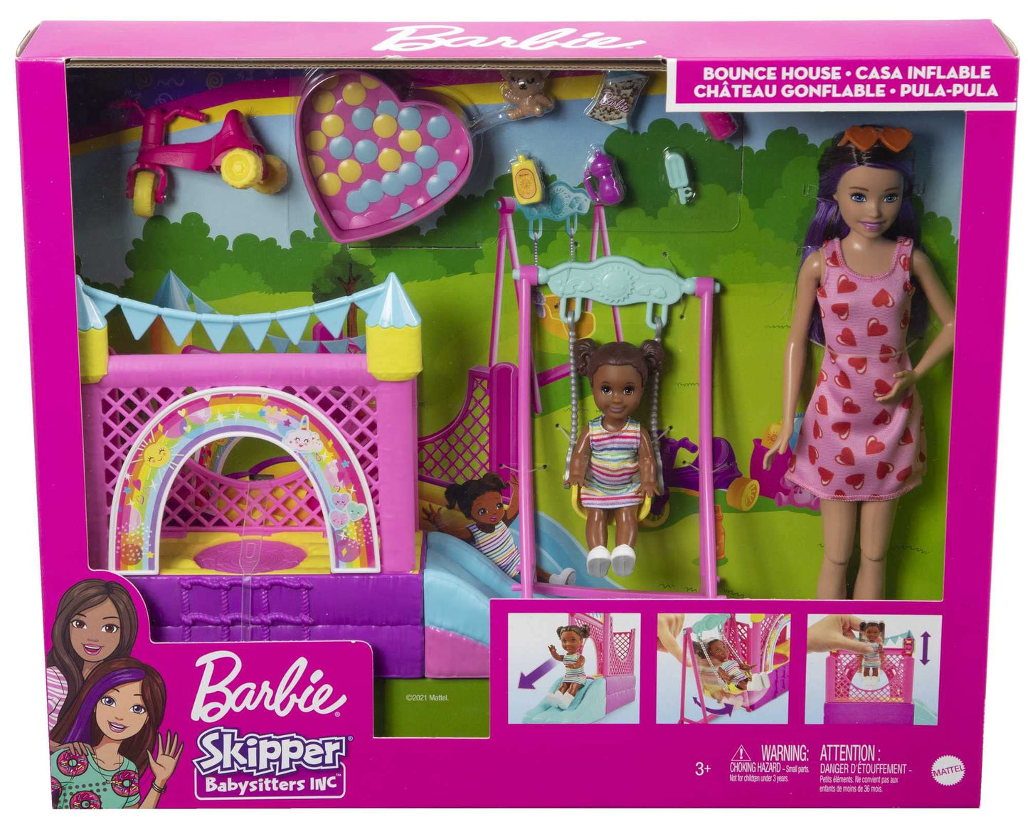 Barbie Skipper Babysitter Inc Bounce House, includes 1 Skipper doll with brown and purple hair, 1 toddler with brown braids, swing, slide, accessories, gift for kids ages 3 and up.