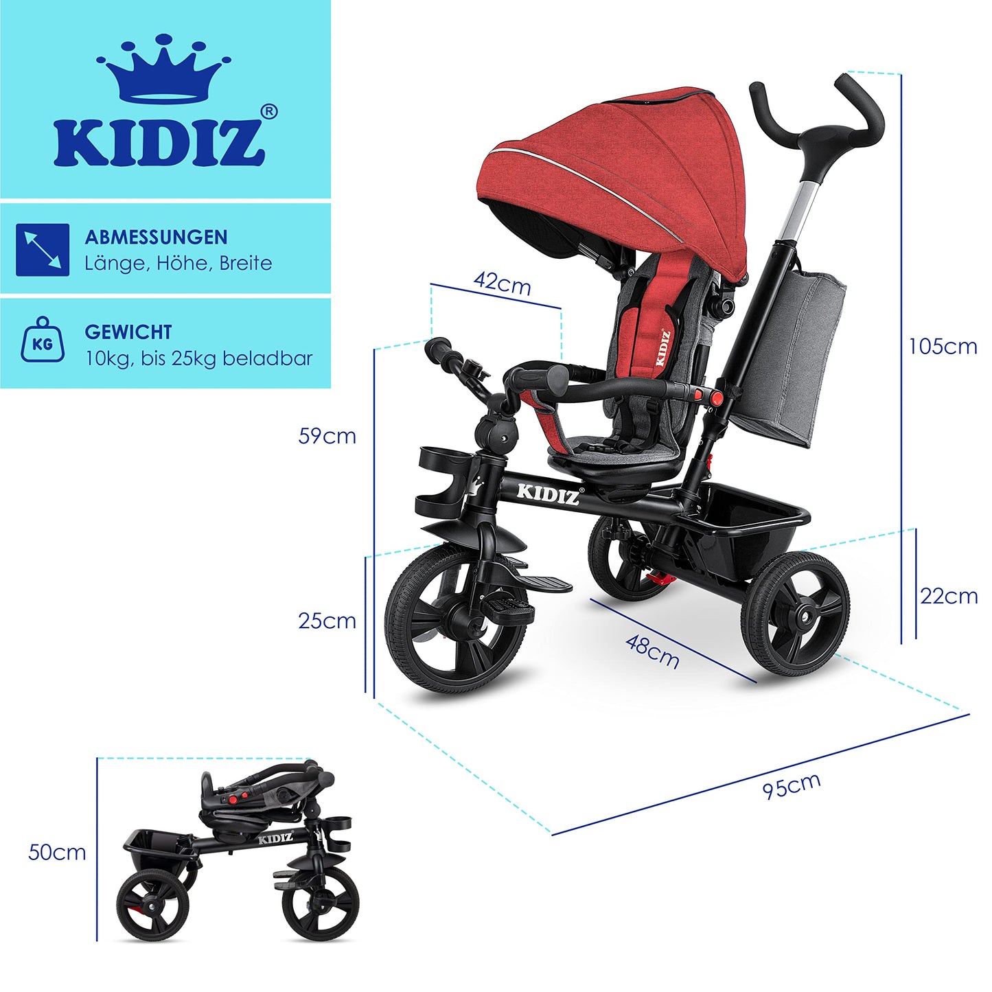KIDIZ® 6in1 tricycle for kids with push handle, steerable from 9 months up to 25kg. Jogger with forward & reverse ride, basket, bag, drink holder, sunshade, rubber tires, foldable red.