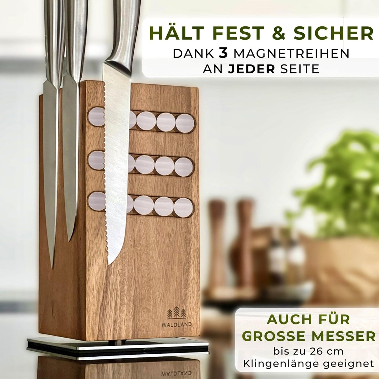 WALDLAND Premium knife block without knives I Magnetic and 360° rotatable knife block made of elegant and sturdy acacia wood I Magnetic knife holder for knives I Wooden block kitchen organizer