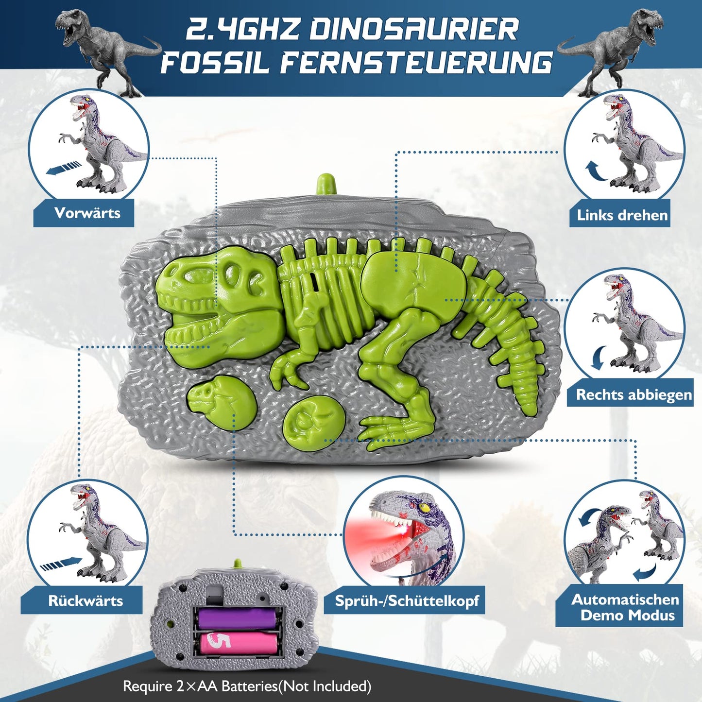 BAZOVE Remote Control Dinosaur Toy, 2.4GHz Electronic RC Velociraptor Dino Toy with 360° Spin Stunt, Spray function, Roaring and LED Light, Gift for Boys Girls 3+ Years