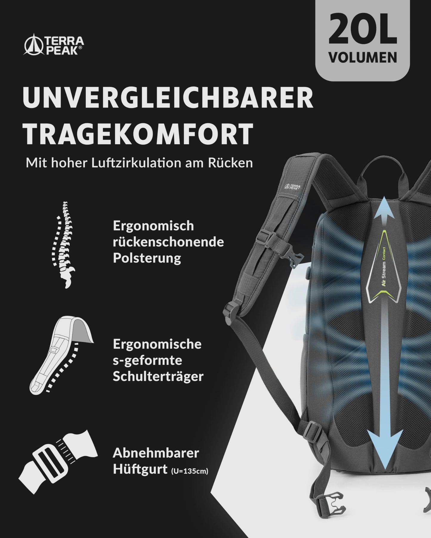 Terra Peak hiking backpack 20L Flex 20 men women gray small - outdoor backpack waterproof - backpack for hiking and camping - with integrated hydration system and laptop compartment - unisex daypack