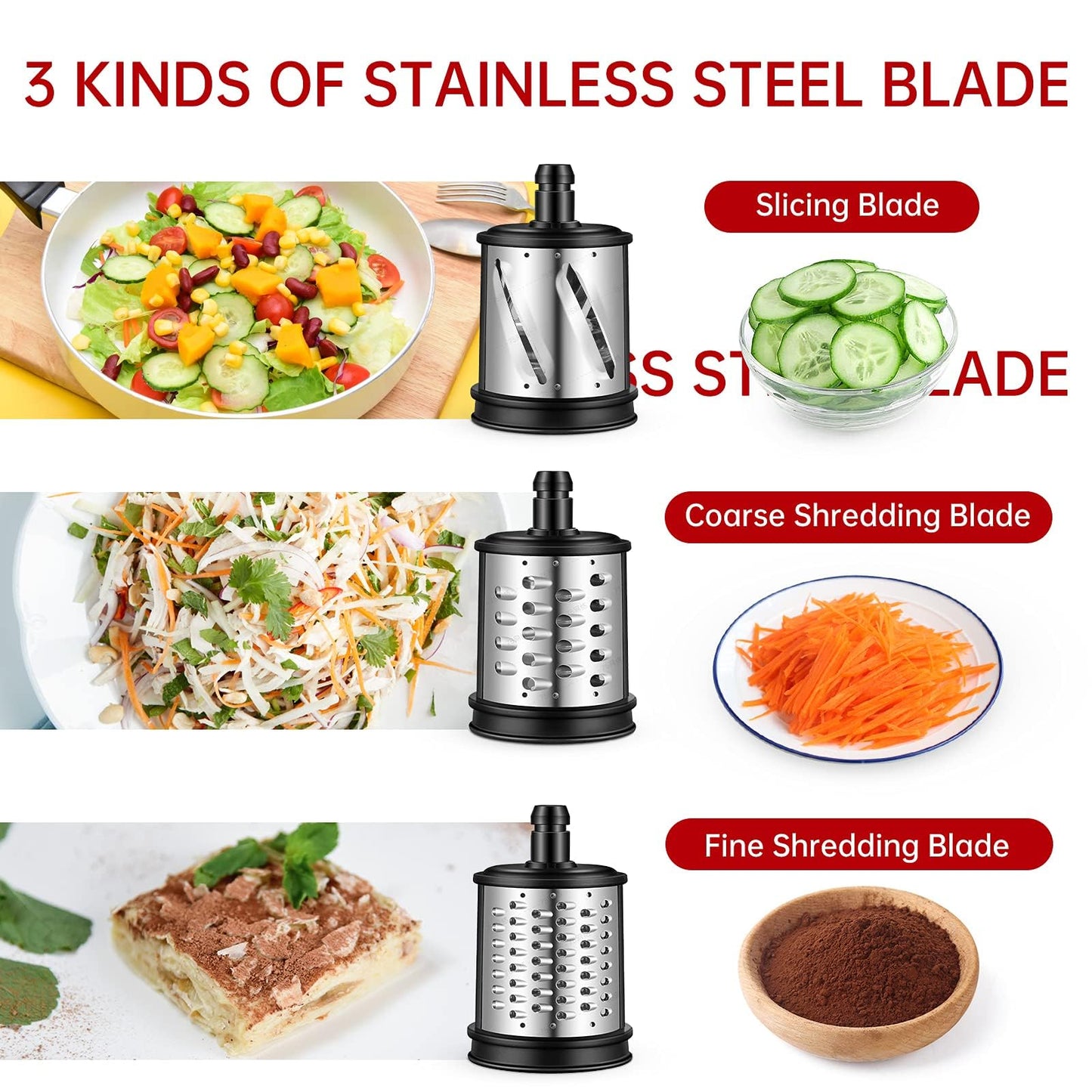 AMZCHEF Slow Juicer Accessory - 3 Stainless Steel 304 Drum Grater Attachments - For ZM1501 & GM3001 - Multifunctional & Safe - Easy to Clean, P-001