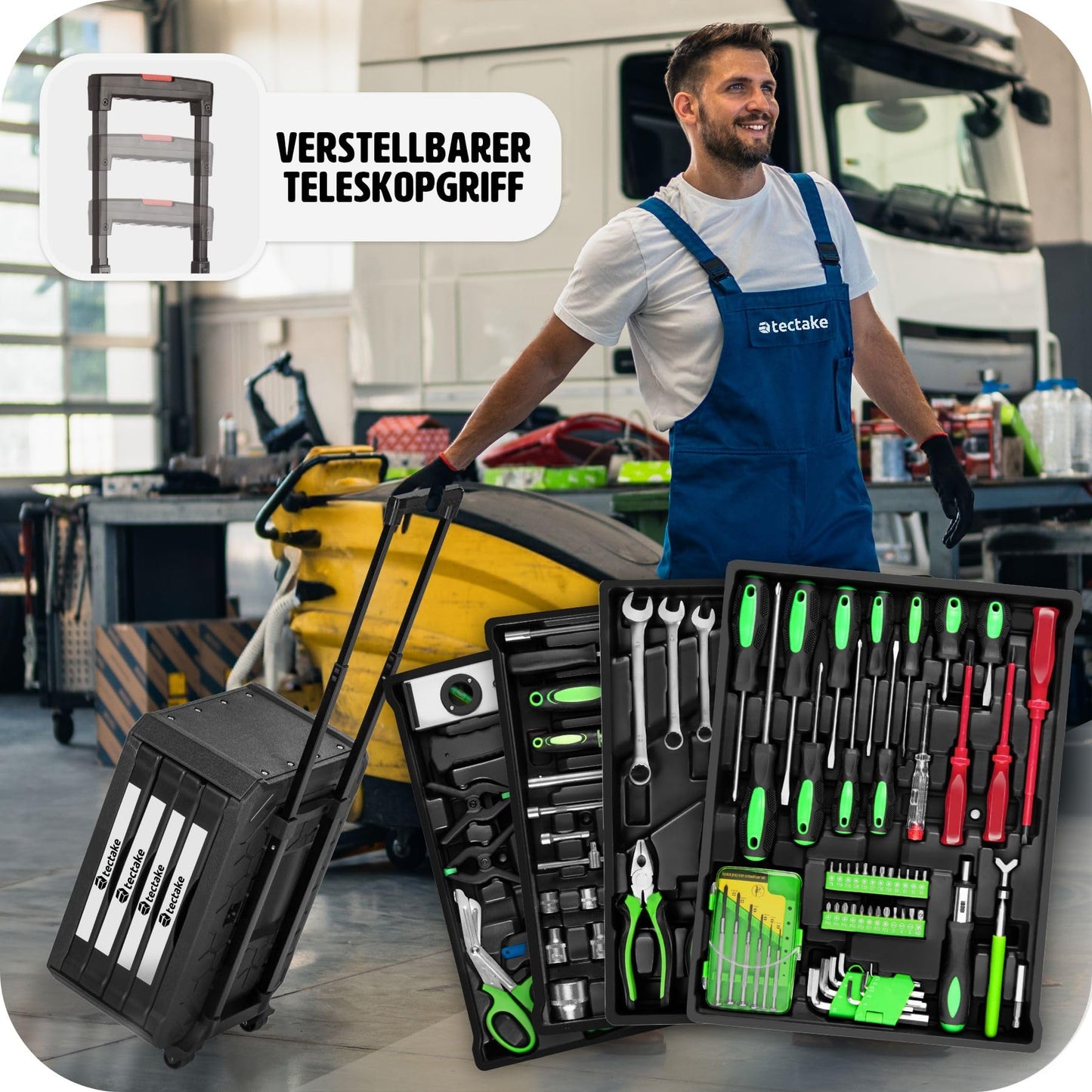 tectake® Tool Set in Aluminum Case, Tool Box filled 899 pcs., Tool Cart on wheels, Trolley with 4 drawers, Telescopic handle, Large Tool Box for professionals and household - black