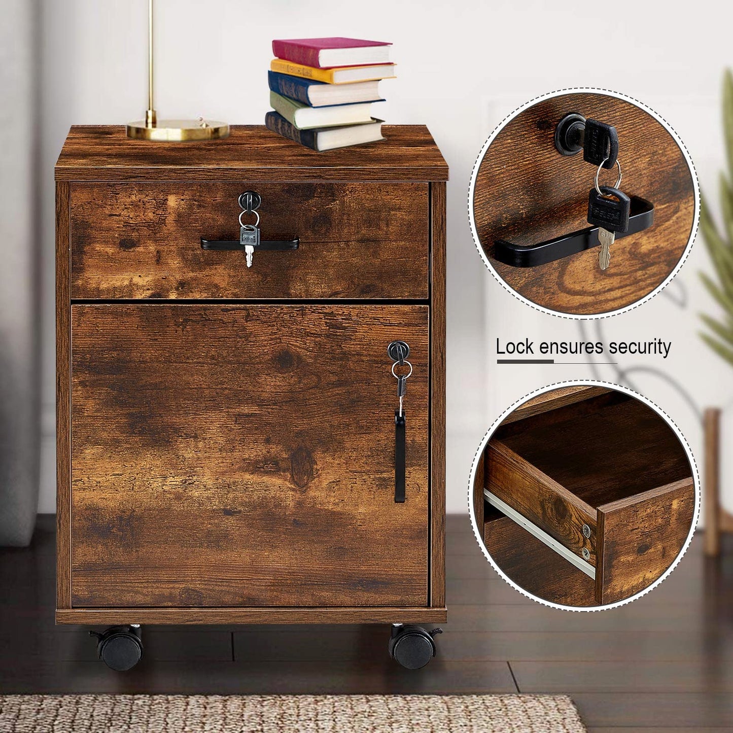OFCASA mobile file cabinet with 1 drawer and 1 door lockable file cabinet office drawer on wheels industrial wood rolling cabinet for home office 40 x 40 x 55 cm