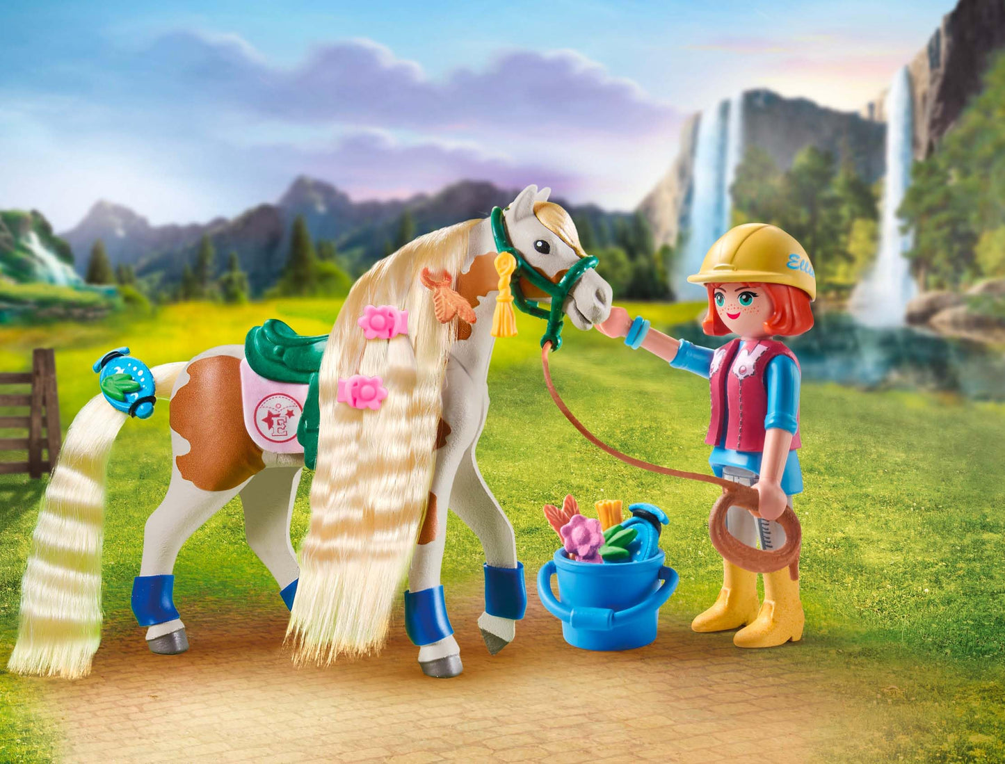 PLAYMOBIL Horses of Waterfall 71639 Ellie & Horse with styling iron, including hair accessories for creative horse hairstyles and two real silicone bracelets, sustainable toy for kids ages 5 and up.
