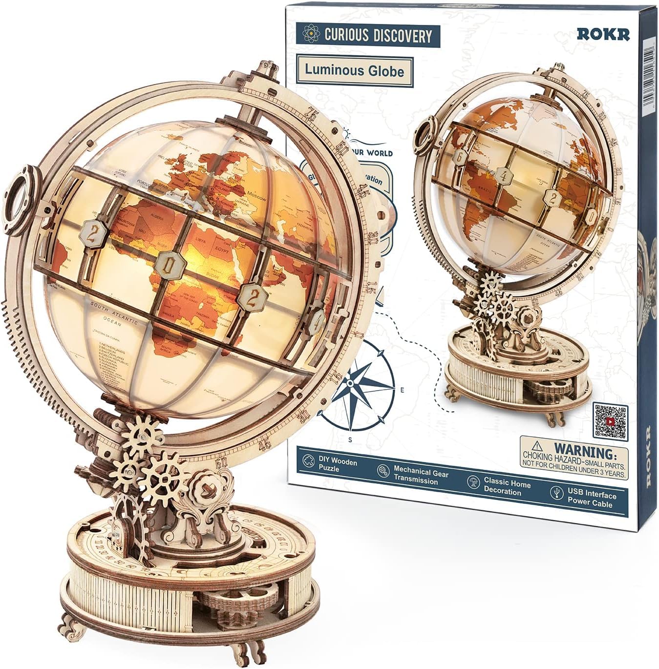 3D wooden puzzle for adults, wooden model light-up globe model kit with LED light. Rotating luminous globe wooden construction set as decoration, gift (180 pieces)