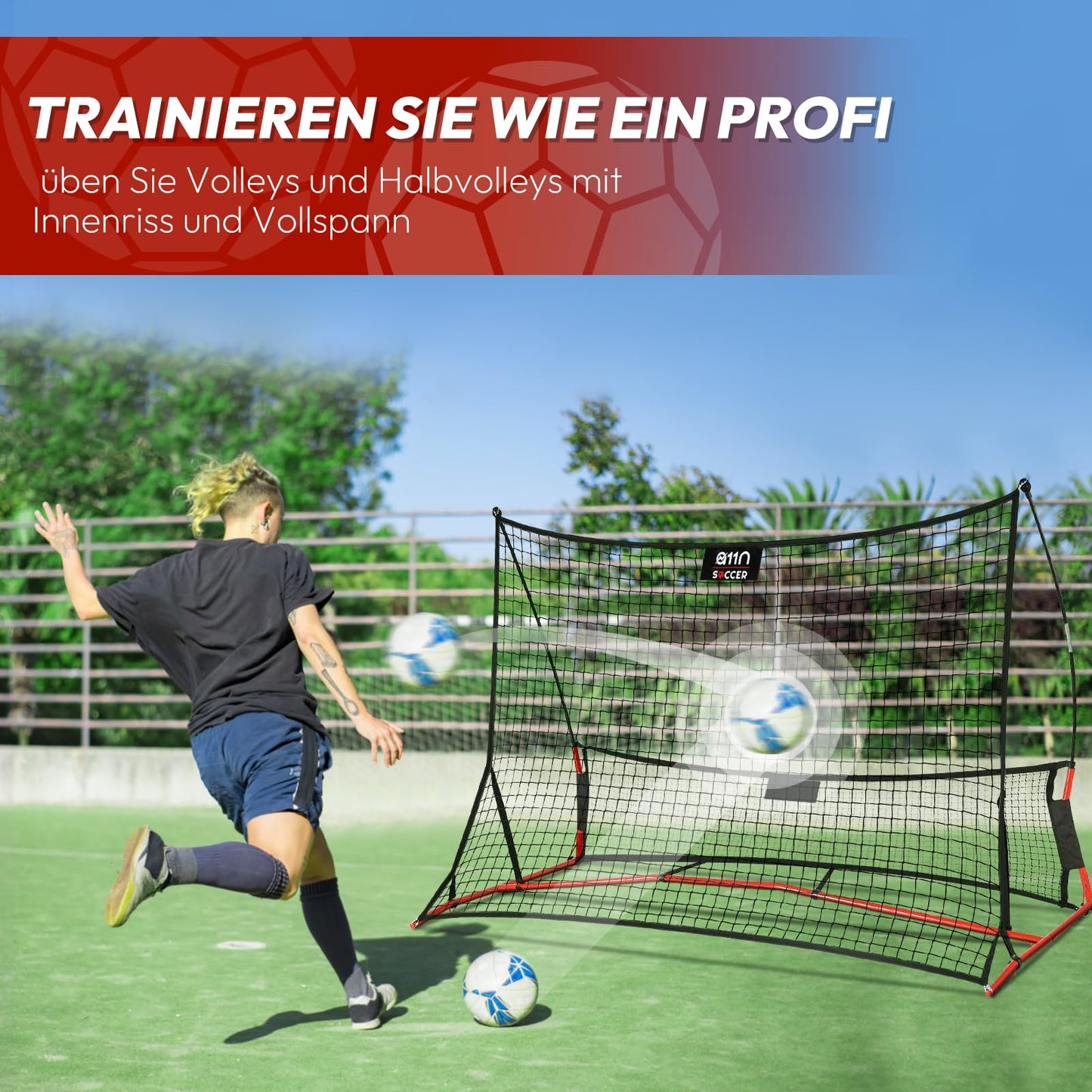 A11N 2-in-1 Football Training Tool - 2.1m x 1.5m portable football rebounder, double-sided for team or solo football training.