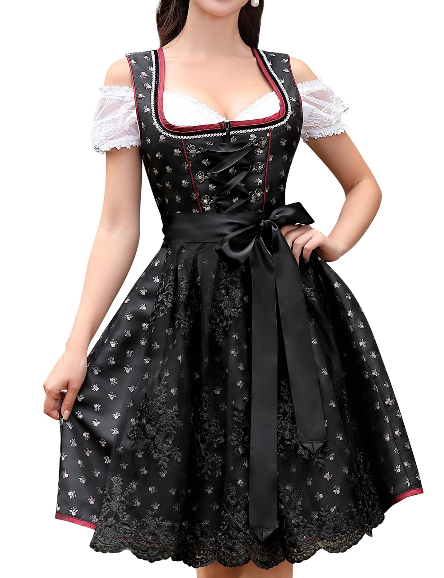 Clearlove dirndl women midi elegant short dirndl dress 3-piece set including dirndl dress, dirndl apron, and dirndl blouse for Oktoberfest (A-Black, 34).