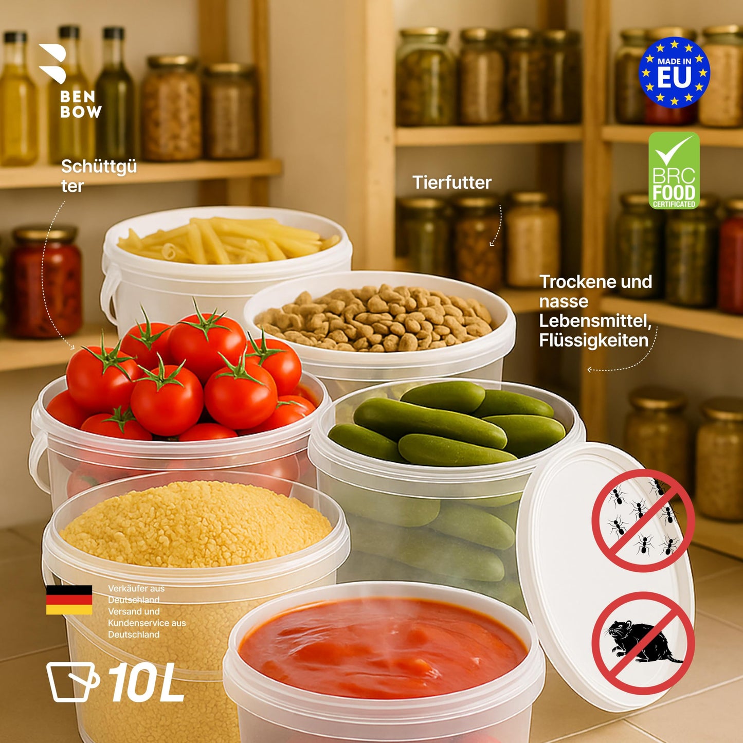 BenBow Bucket with Lid 10L transparent 100x 10 liters - food-safe, sturdy, airtight - Plastic storage container, with handle - empty