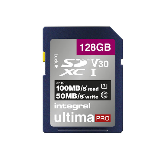 Integral 128GB SD card for 4K Ultra HD video. Premium high-speed memory card. SDXC with up to 100MB/s transfer speeds. SDXC V30 UHS-I U3 Class 10 SD memory card.
