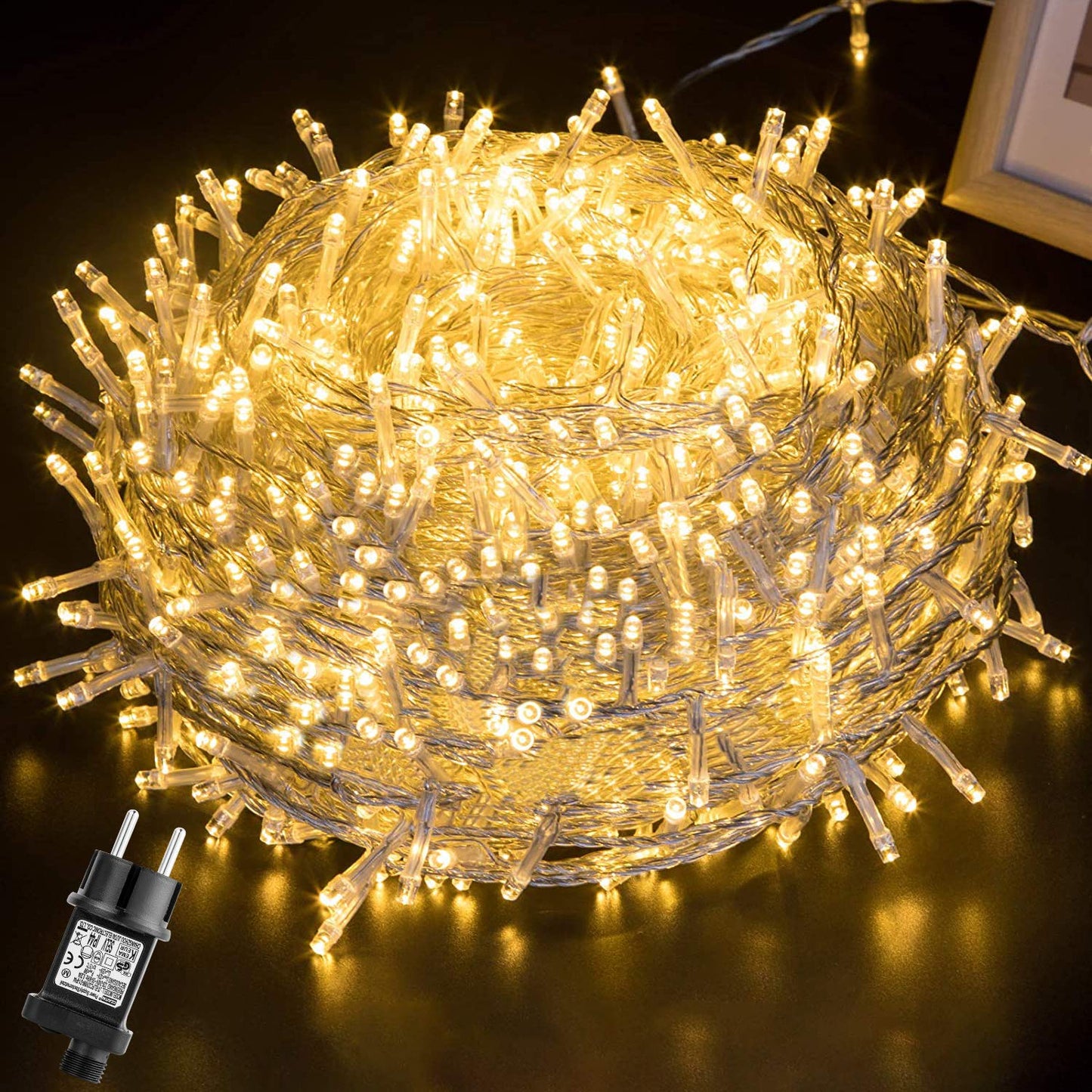 GlobaLink 100M Christmas Lights Outdoor, 1000LED String Lights Outdoor Plug-in Balcony Warm White Waterproof IP44 with 8 modes for indoor and outdoor Christmas railing balcony garden decoration.