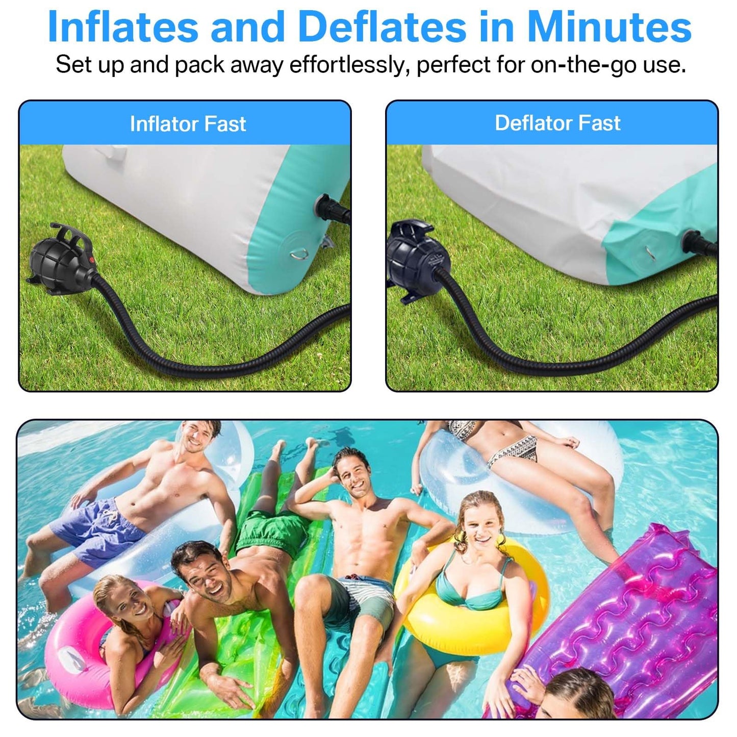 PPXIA Electric Air Pump, Electric Pump with 4 Nozzles for Inflatable Air Track Mat, Air Mattress, Swim Rings, Rafts, Water Beds, Boats, Kids Pools, SUP Boards, Yoga Balls, etc.