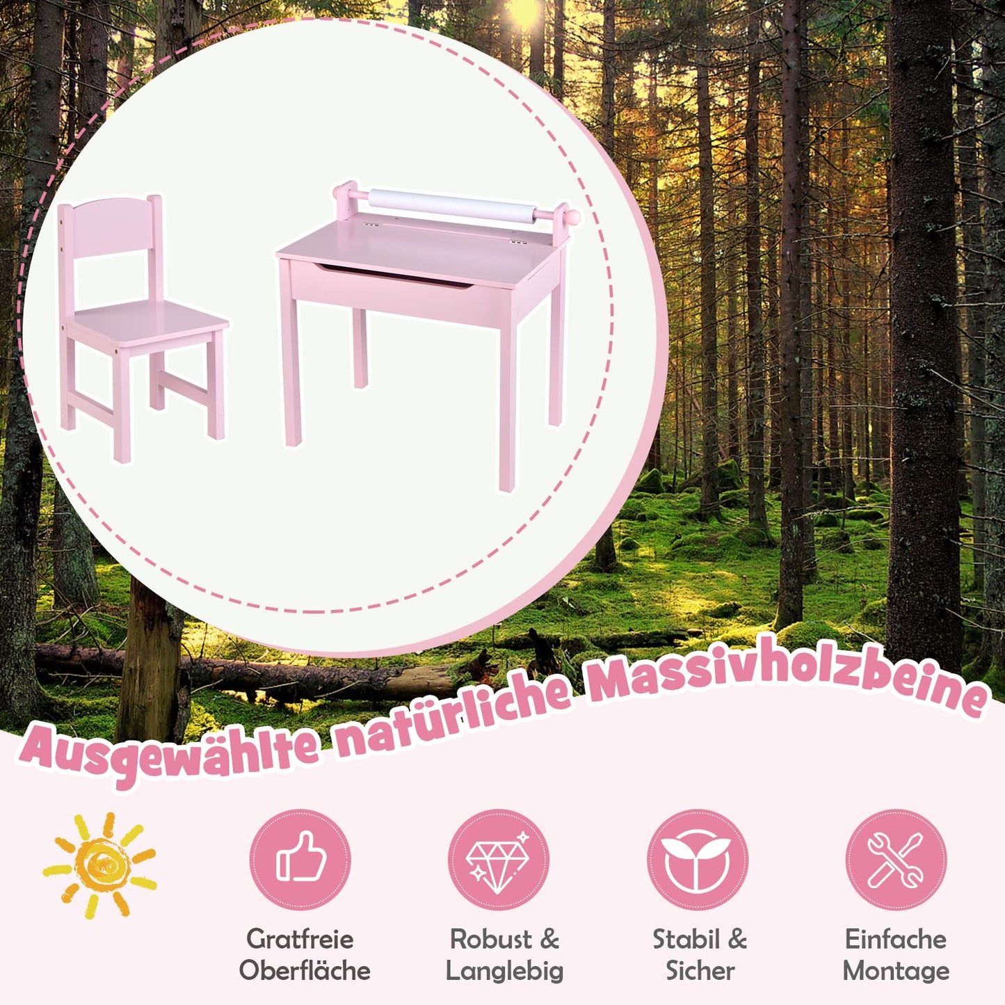 DREAMADE Kids Desk with Chair, Wooden Student Desk, Youth Desk, Children's Table, Kids Desk with Paper Roll Holder & Storage Space, Paper Roll and Markers Included (Pink)