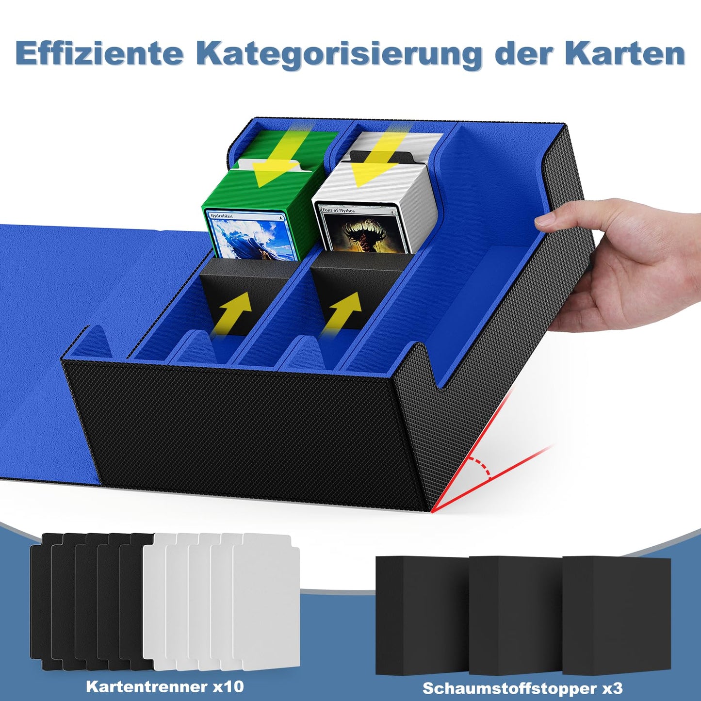 Mlikero card storage box for 1800+ cards, Magnetic card deck box fits MTG and sports cards, Premium Commander card deck box with 10 compatible card dividers (Black&Blue)
