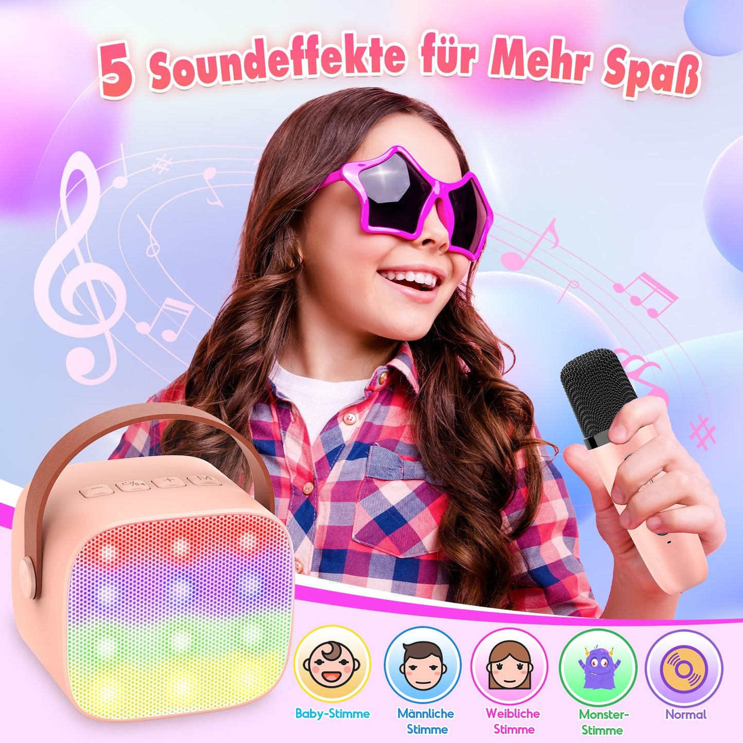 Dislocated Karaoke Machine with 2 Bluetooth microphones, girls' gift toy for 3-12 years old. Mini Karaoke microphone set for kids and adults. Portable speaker with DSP & LED lights.