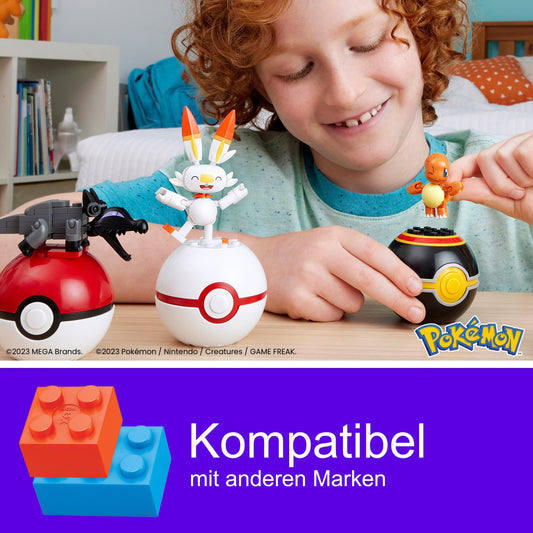 MEGA Pokémon Fire-Type Trainer team - 4 poseable Pokémon with Poké Balls, including Litwick, Charmander, Scorbunny, and Grubbin, for kids ages 6 and up, HTJ06