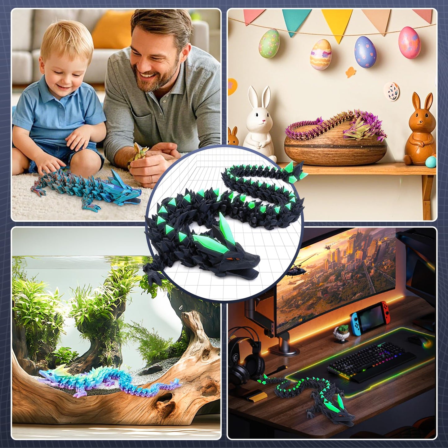 Merrwon 3D Printed Dragon, 60CM Dragon Toy with Eyes, Mysterious Realistic Dragon Figures, Movable Joints Crystal Dragon Deco Desk Toy
