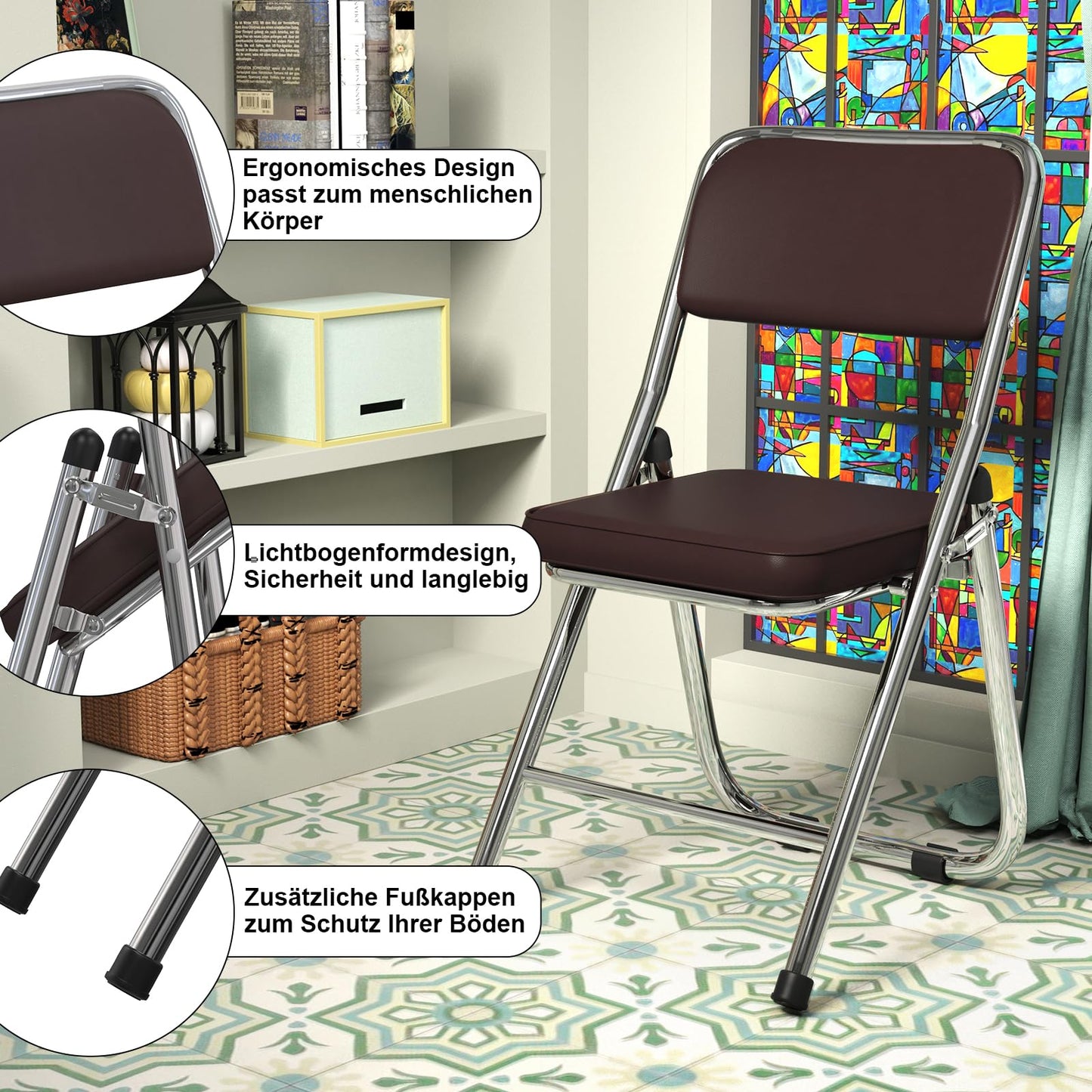 Lvhecforhm 1er Set Folding Chair with Backrest, Dining Chairs, Kitchen Chair with Steel Frame, Dining Chair Folding Conference Chair, Folding Chairs Brown Leather, Lounge Chair, Modern Outdoor Folding Chairs