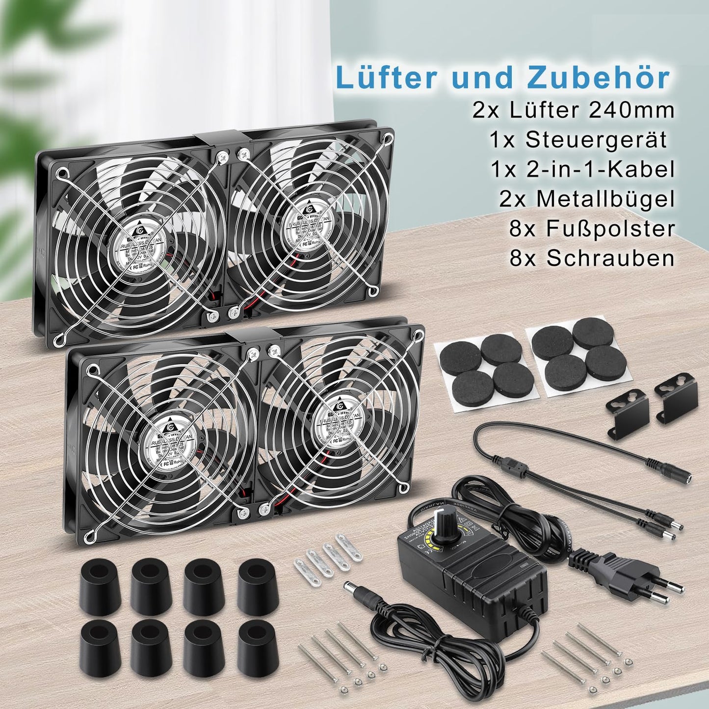 GDSTIME 4 x 120mm fans 230V Double 240mm fans 230V Adjustable Dual Ball Bearings Fan 220V Case Fan 4V -12V Adjustable Speeds High Airflow for Servers Inverter Cabinet