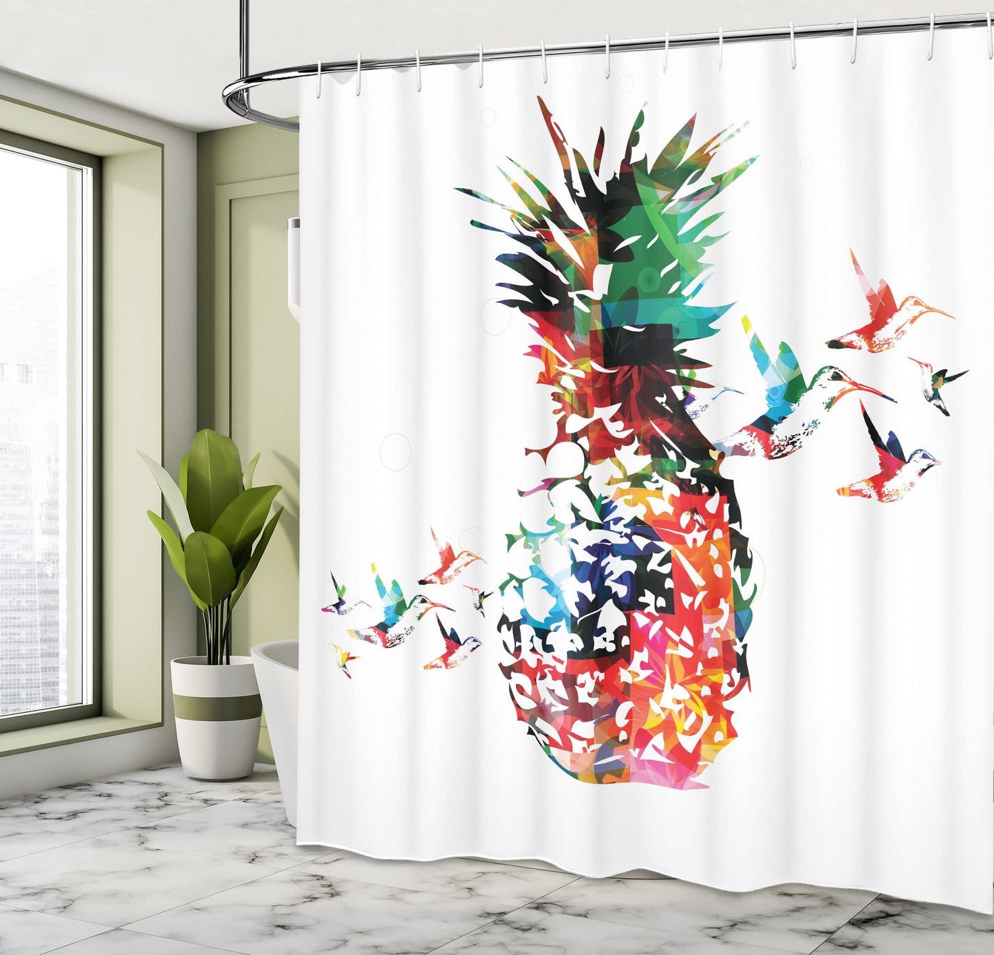 ABAKUHAUS Pineapple Shower Curtain, Modern Geometric Art, Fabric Bathroom Decor Set with Hooks, 175 x 240 cm, White Green Red