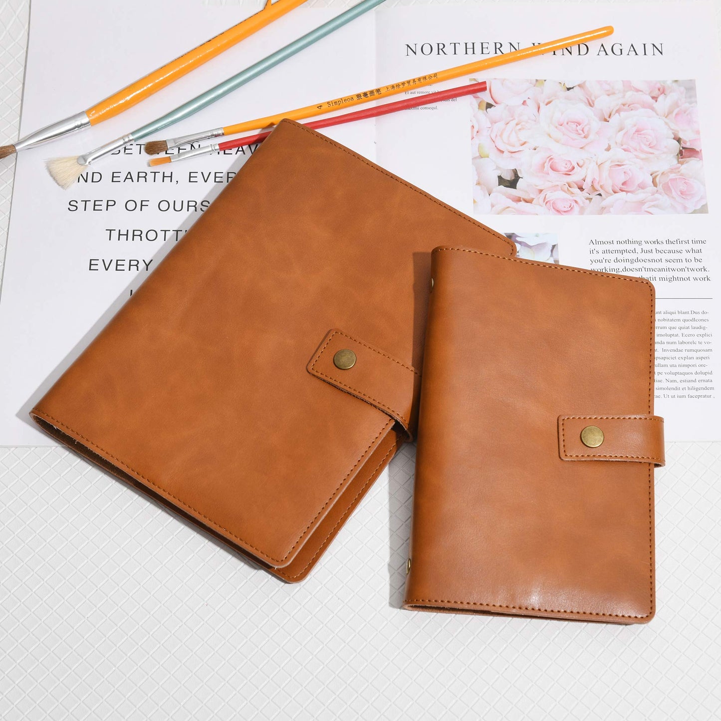 Wonderpool A6 Leather Notebook Refillable 6 Ring Diary Portfolio - Dotted Paper & Inner Pockets Organizer for Men and Women (Brown, A6)
