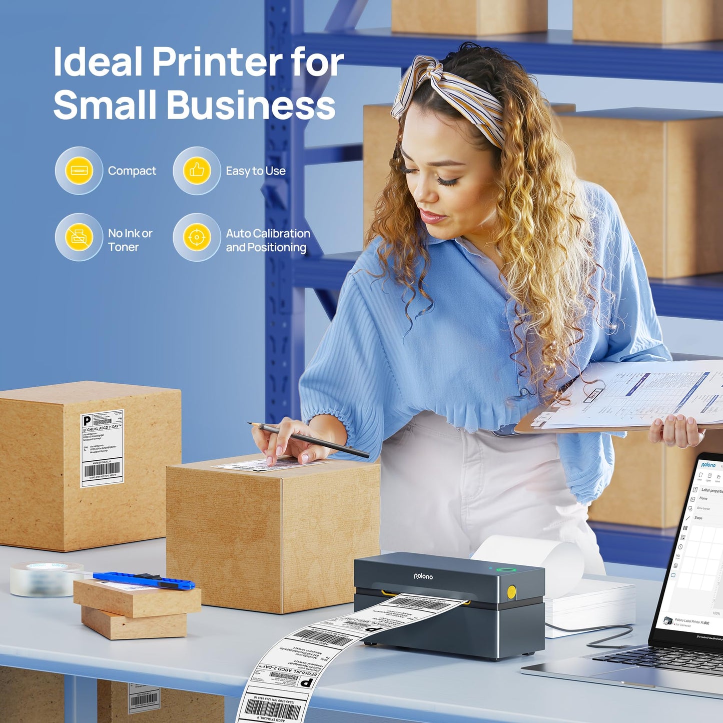 POLONO Bluetooth label printer, labeling device 4x6 DHL label printer, label printer for iOS, Android, Windows, and Mac, compatible with Amazon, eBay, Shopify, Etsy, USPS (Grey)