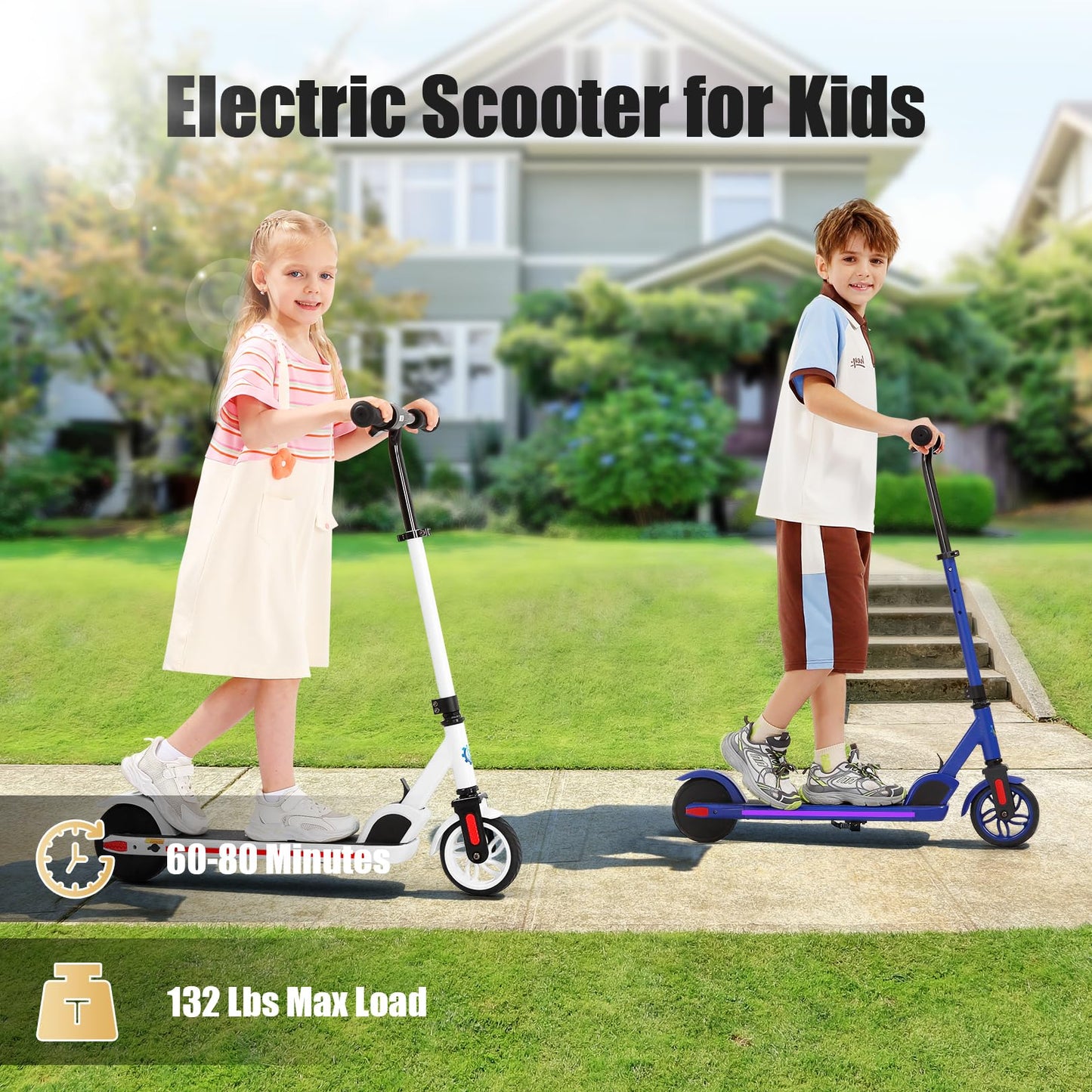 Caroma electric scooter for kids aged 6-14, 180W motor, 16 km/h, 60 min ride time, Adjustable speed & height, Colorful lights, LED display, Foldable kids electric scooter.