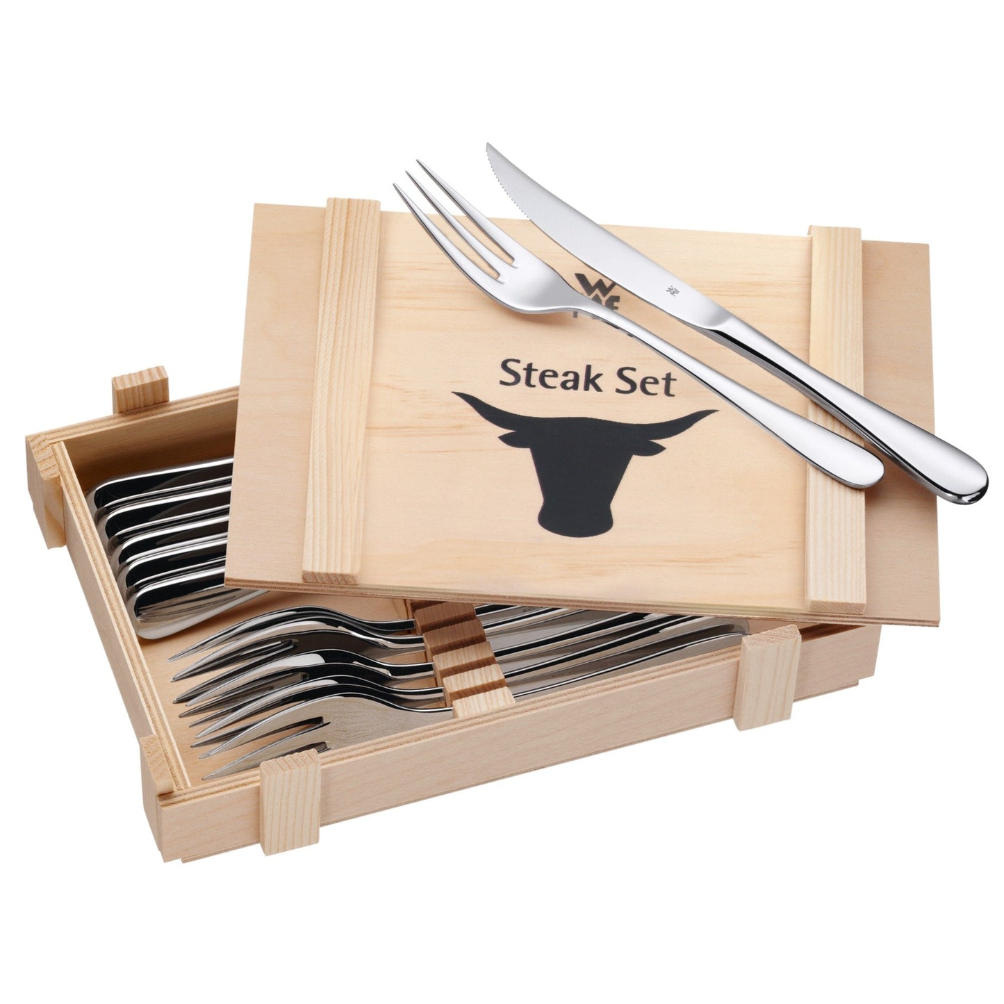WMF 12-piece steak cutlery set for 6 people & 2-piece Touch knife set, kitchen knives with protective cover, special non-stick coated blade steel, sharp, chef's knife, vegetable knife, black