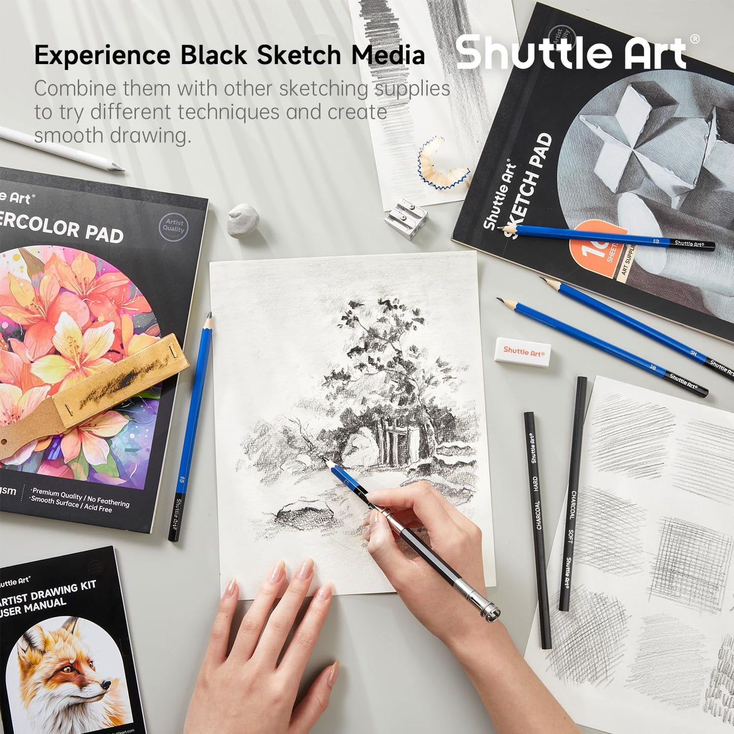 Shuttle Art 103 piece drawing set, artist set with colored pencils, drawing pencils, watercolor pencils and graphite pencils in a pencil case, suitable for children, adults for drawing.